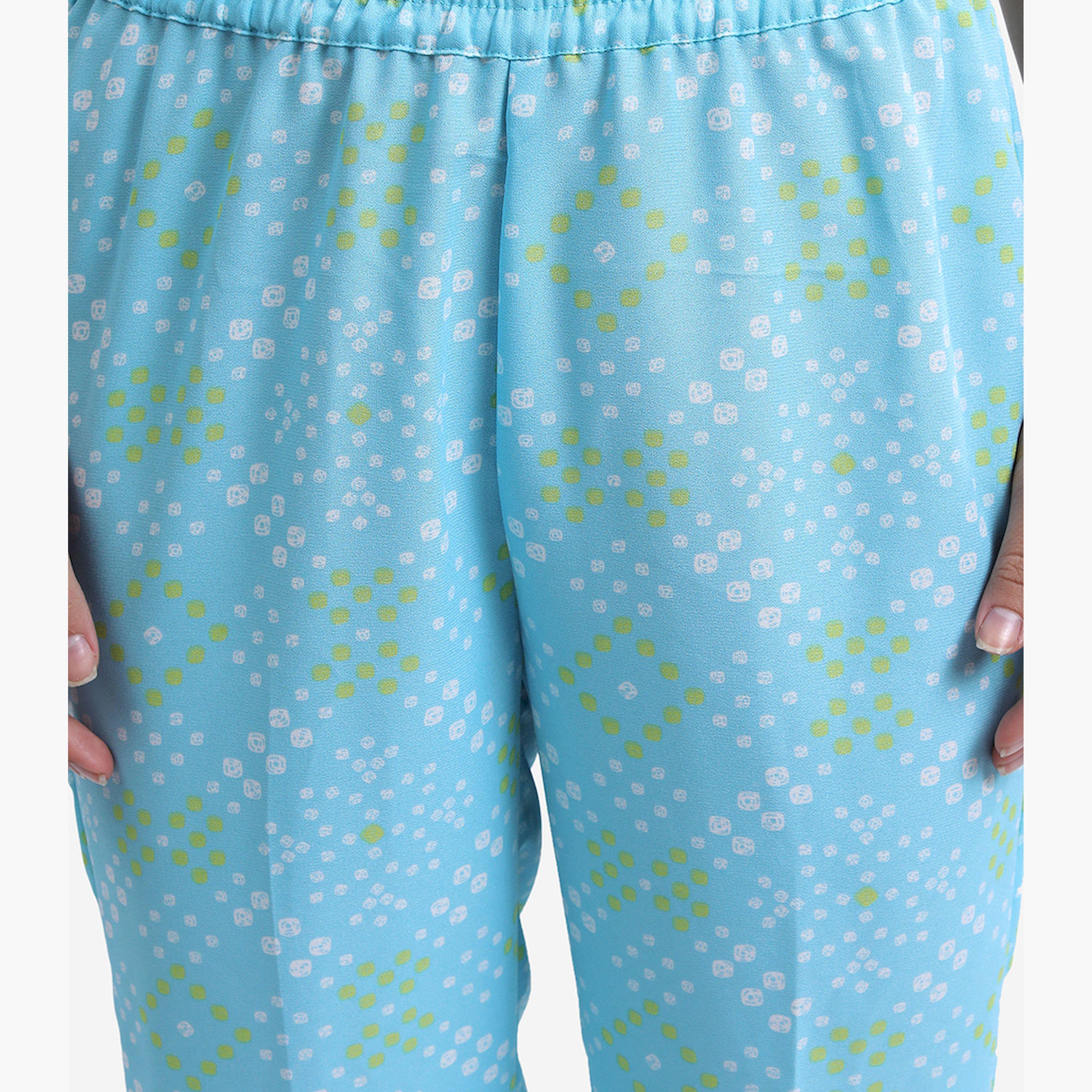 Vishudh X Styli Blue Bandhani Printed Flared Sleeves Kaftan With Trousers-women-clothing-ethnicwear-kurtasets-image-7