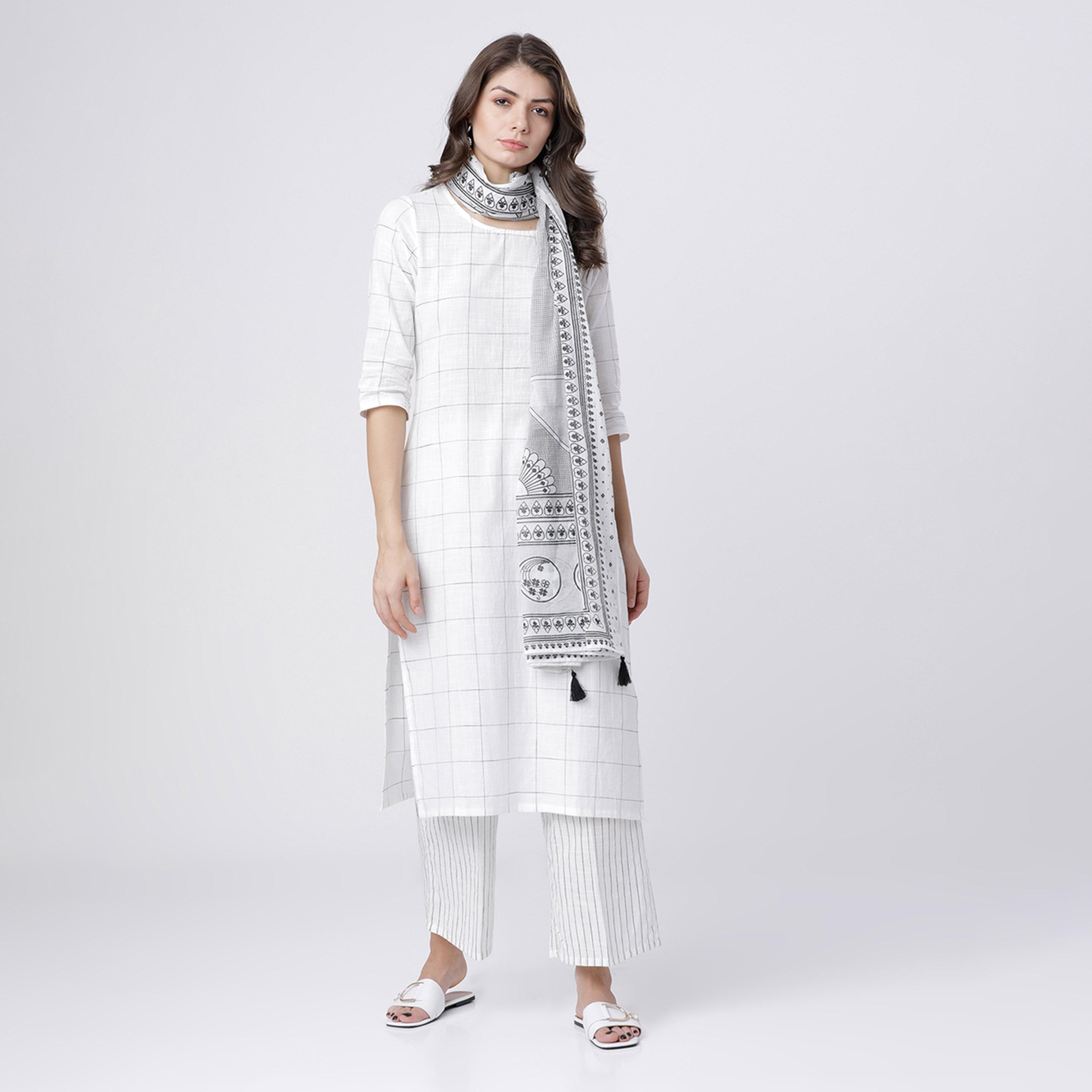 Vishudh X Styli Women Off-White Checked Kurta with Palazzo and Dupatta-women-clothing-ethnicwear-sareesets-image-1
