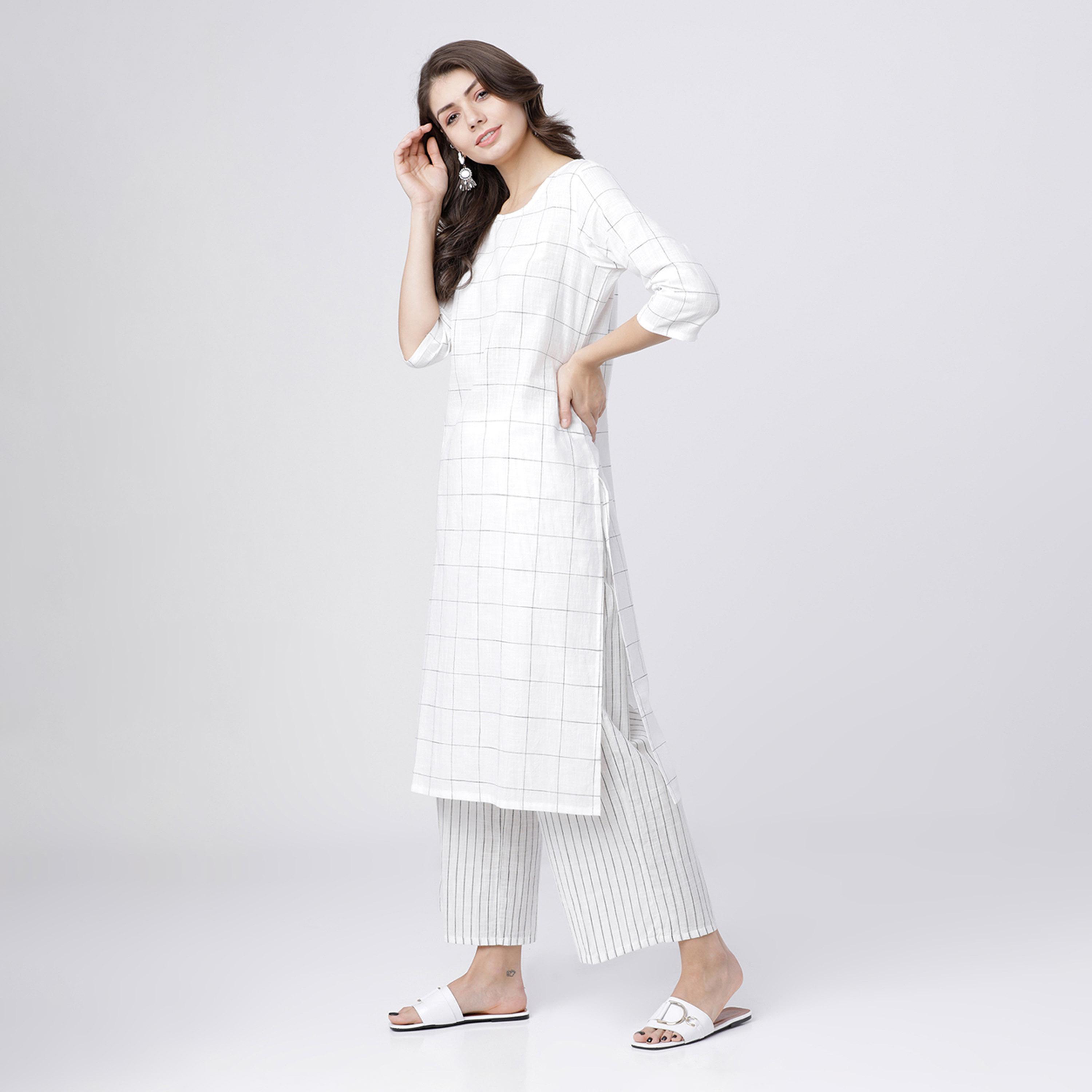 Vishudh X Styli Women Off-White Checked Kurta with Palazzo and Dupatta-women-clothing-ethnicwear-sareesets-image-2