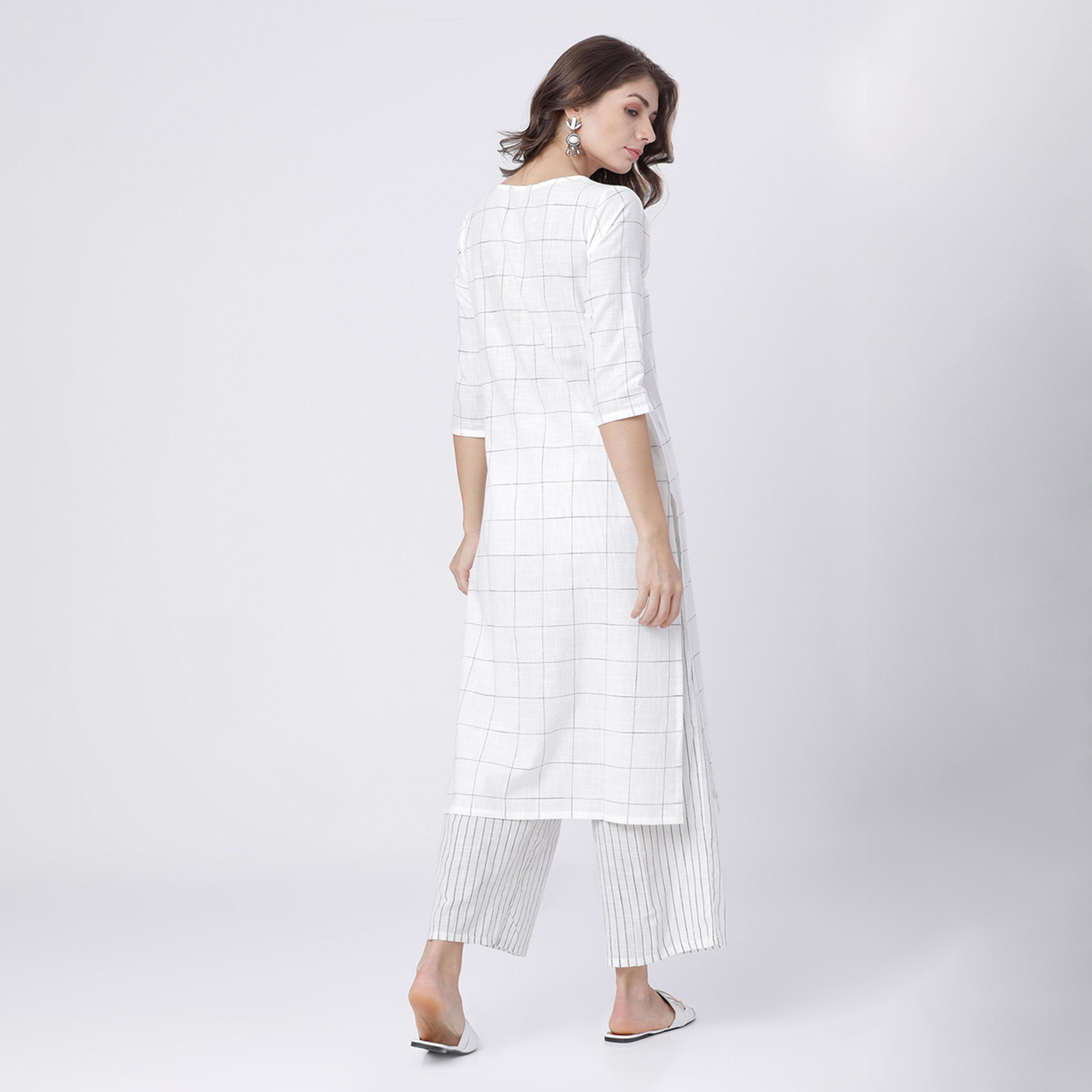 Vishudh X Styli Women Off-White Checked Kurta with Palazzo and Dupatta-women-clothing-ethnicwear-sareesets-image-3