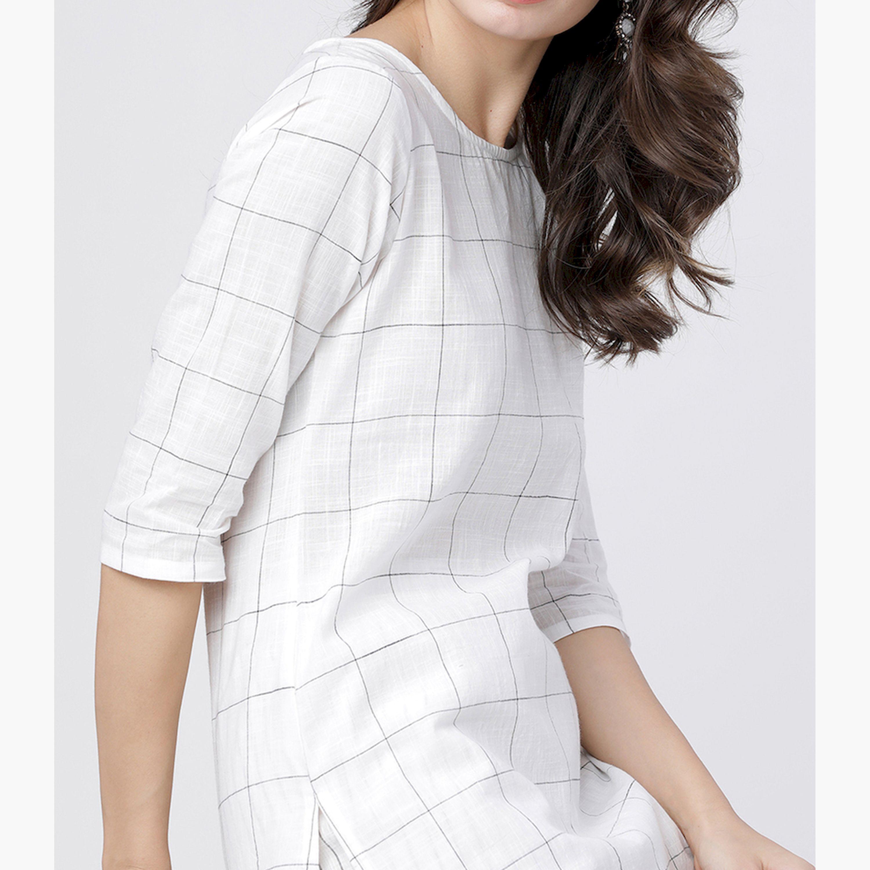 Vishudh X Styli Women Off-White Checked Kurta with Palazzo and Dupatta-women-clothing-ethnicwear-sareesets-image-4