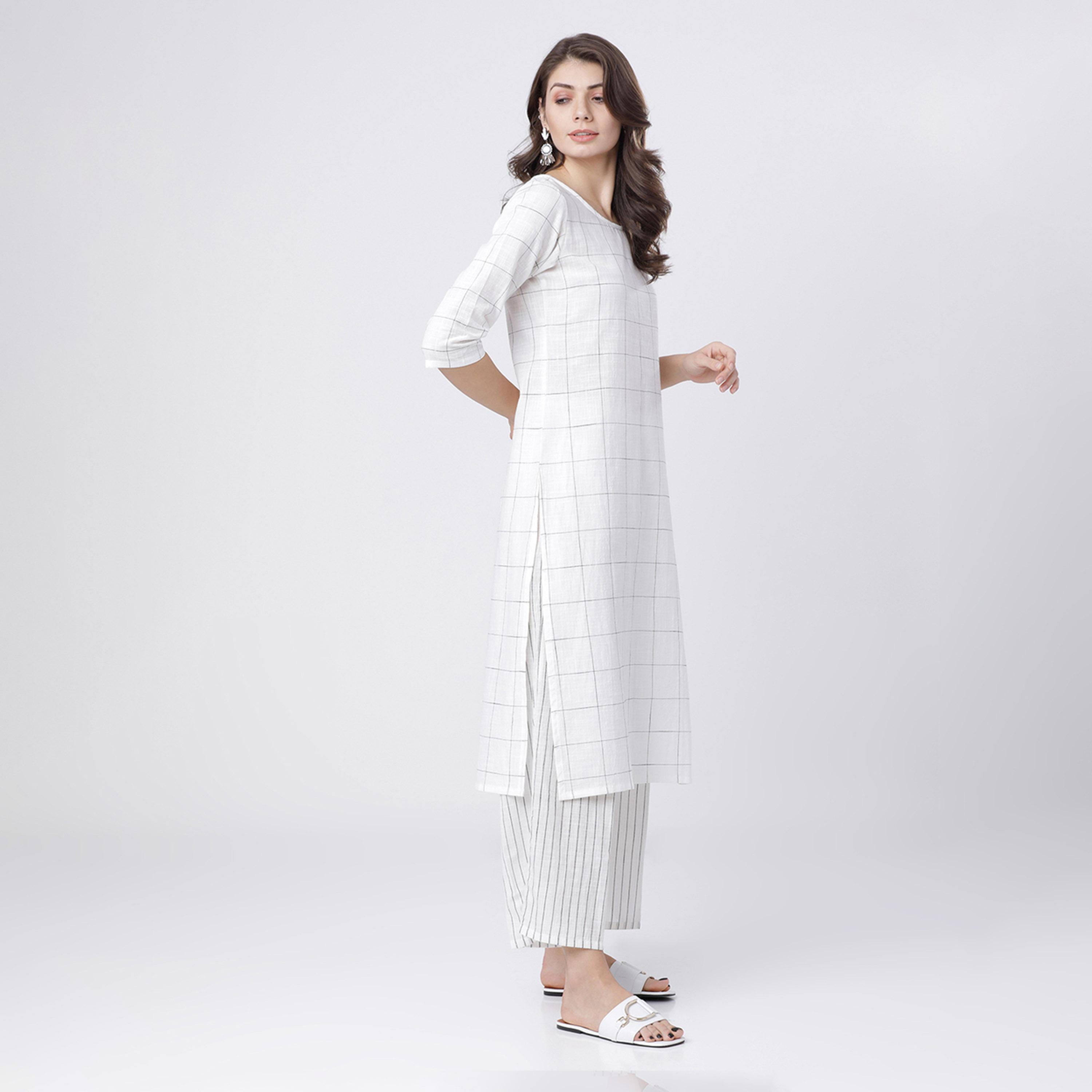 Vishudh X Styli Women Off-White Checked Kurta with Palazzo and Dupatta-women-clothing-ethnicwear-sareesets-image-5
