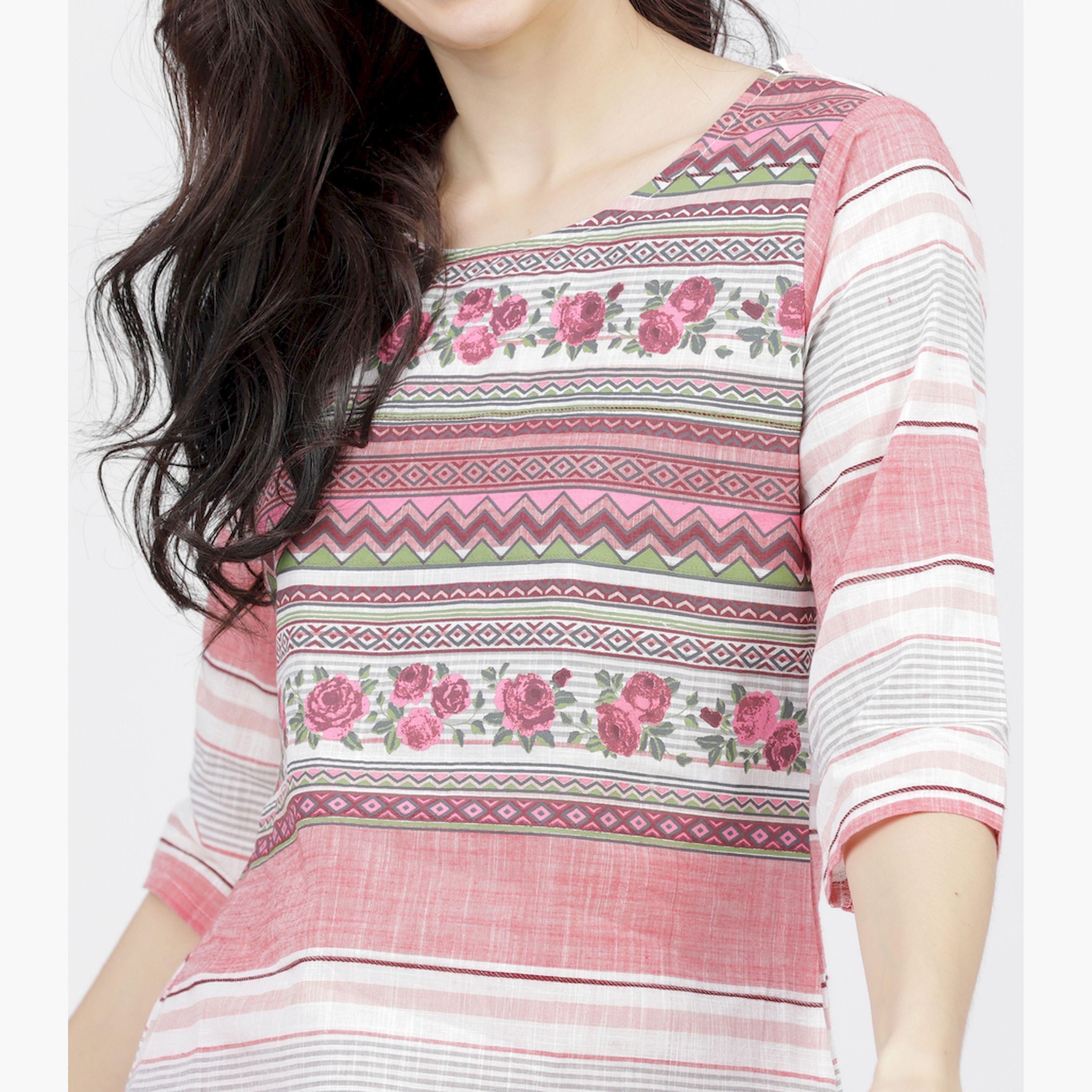 فيشود × ستايلي - كورتا نسائية من القطن مع بنطال بالازو ووشاح - أوف وايت ومرجاني-women-clothing-ethnicwear-sareesets-image-4