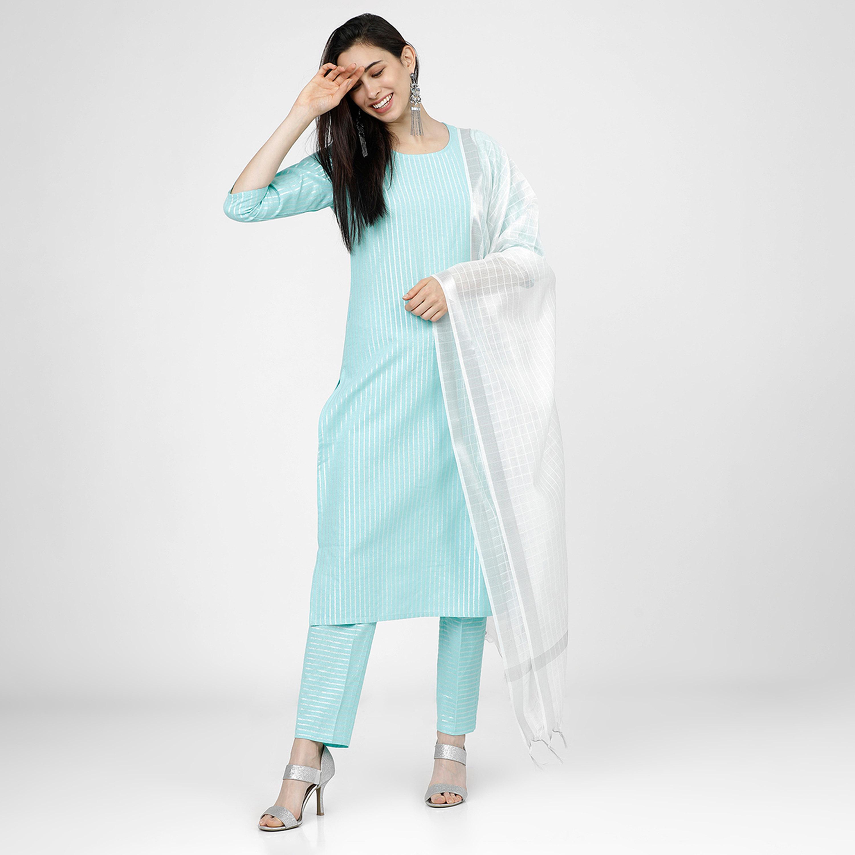 فيشود × ستايلي - كورتا مخططة من القطن الخالص مع بنطال ووشاح باللون الأزرق للنساء-women-clothing-ethnicwear-sareesets-image-1