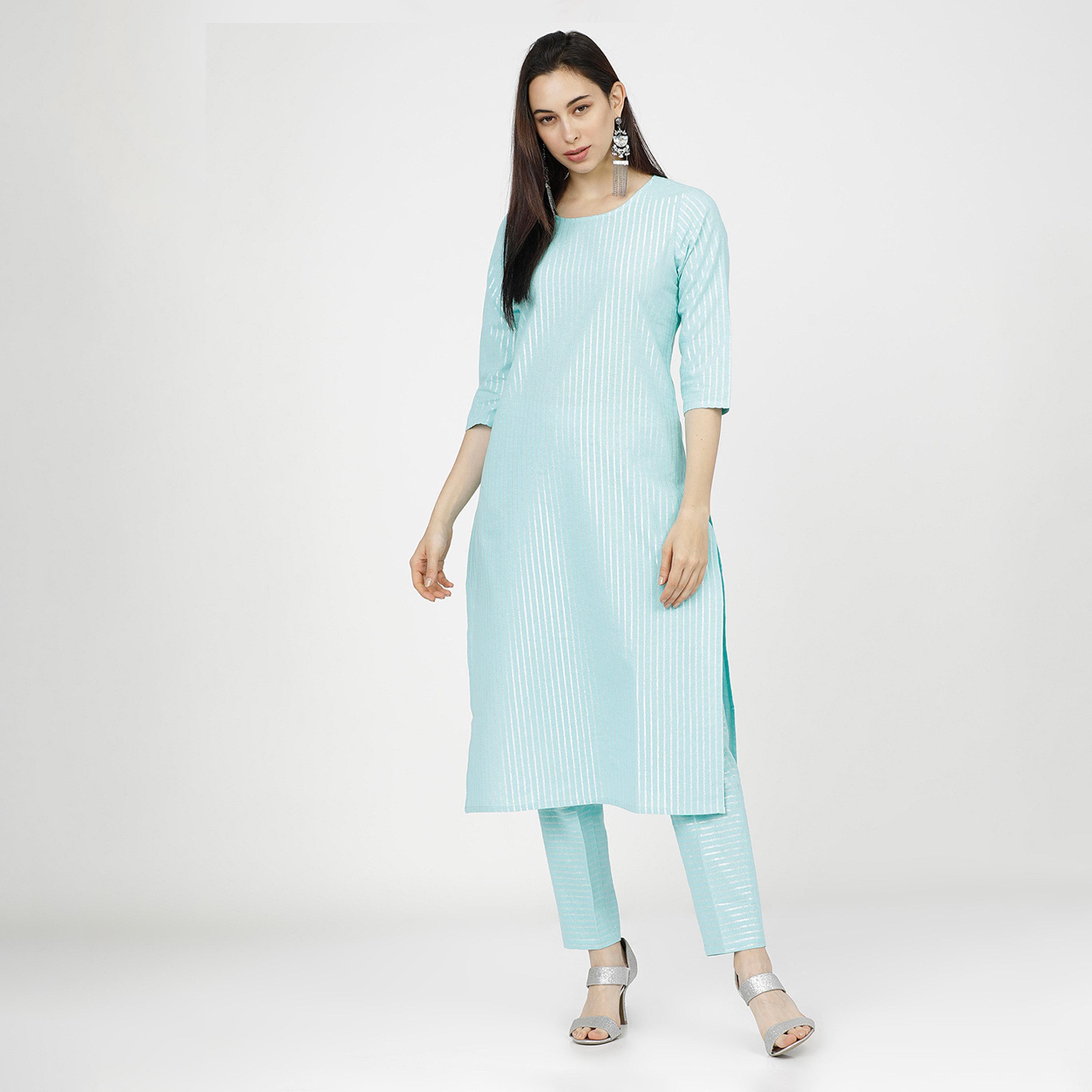 فيشود × ستايلي - كورتا مخططة من القطن الخالص مع بنطال ووشاح باللون الأزرق للنساء-women-clothing-ethnicwear-sareesets-image-2