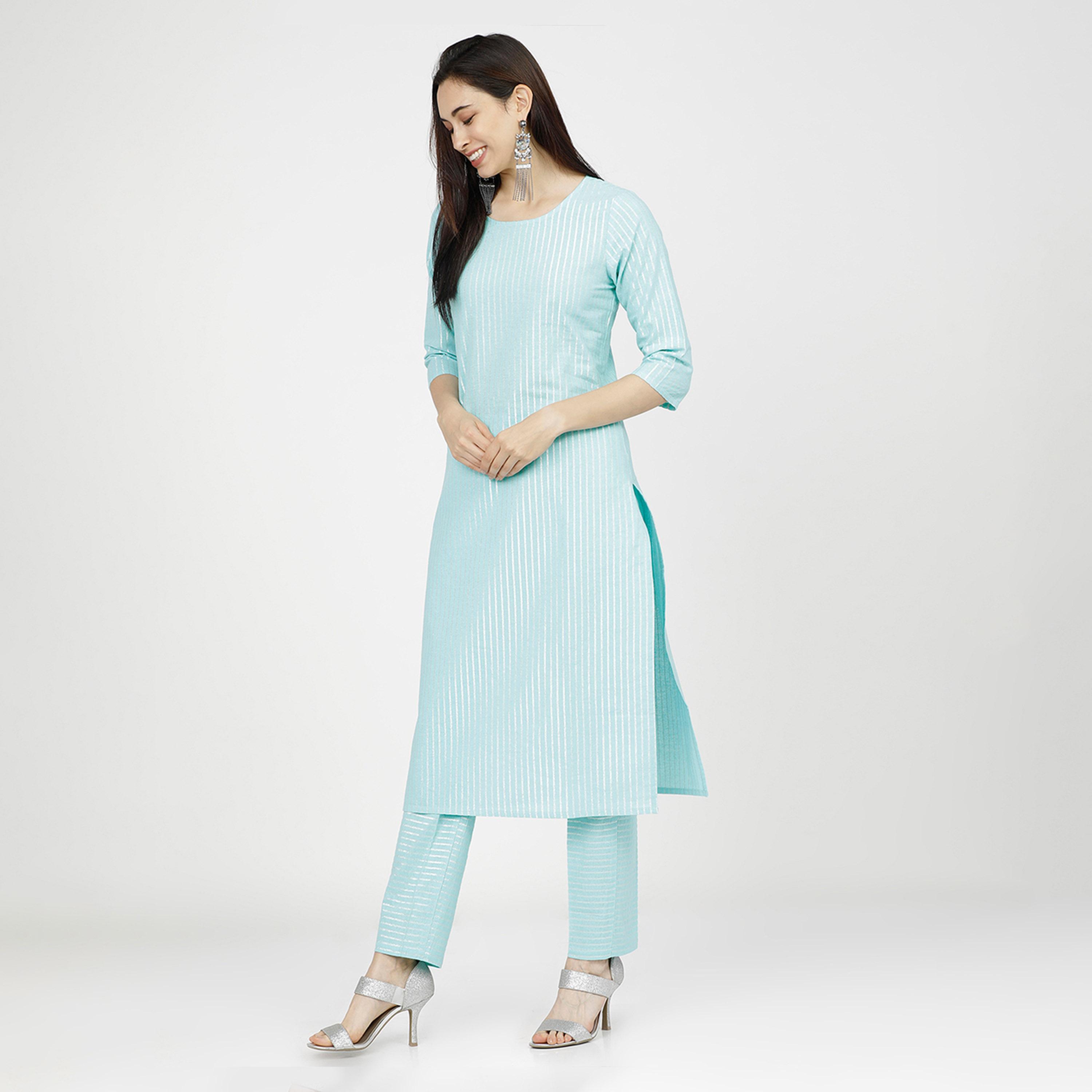 فيشود × ستايلي - كورتا مخططة من القطن الخالص مع بنطال ووشاح باللون الأزرق للنساء-women-clothing-ethnicwear-sareesets-image-3