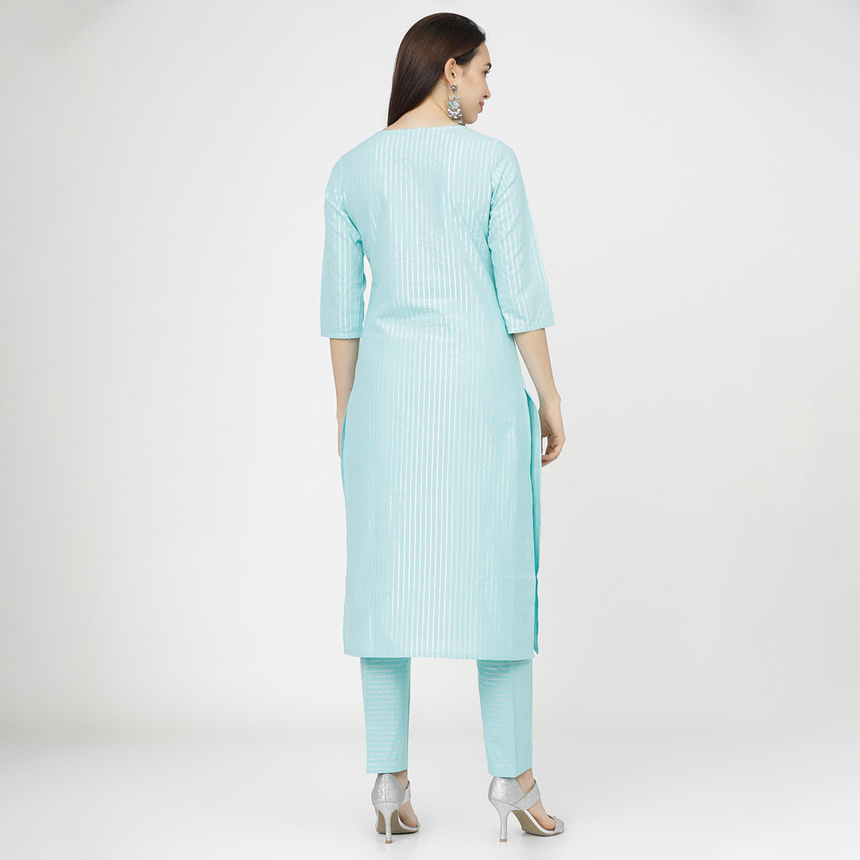 فيشود × ستايلي - كورتا مخططة من القطن الخالص مع بنطال ووشاح باللون الأزرق للنساء-women-clothing-ethnicwear-sareesets-image-4