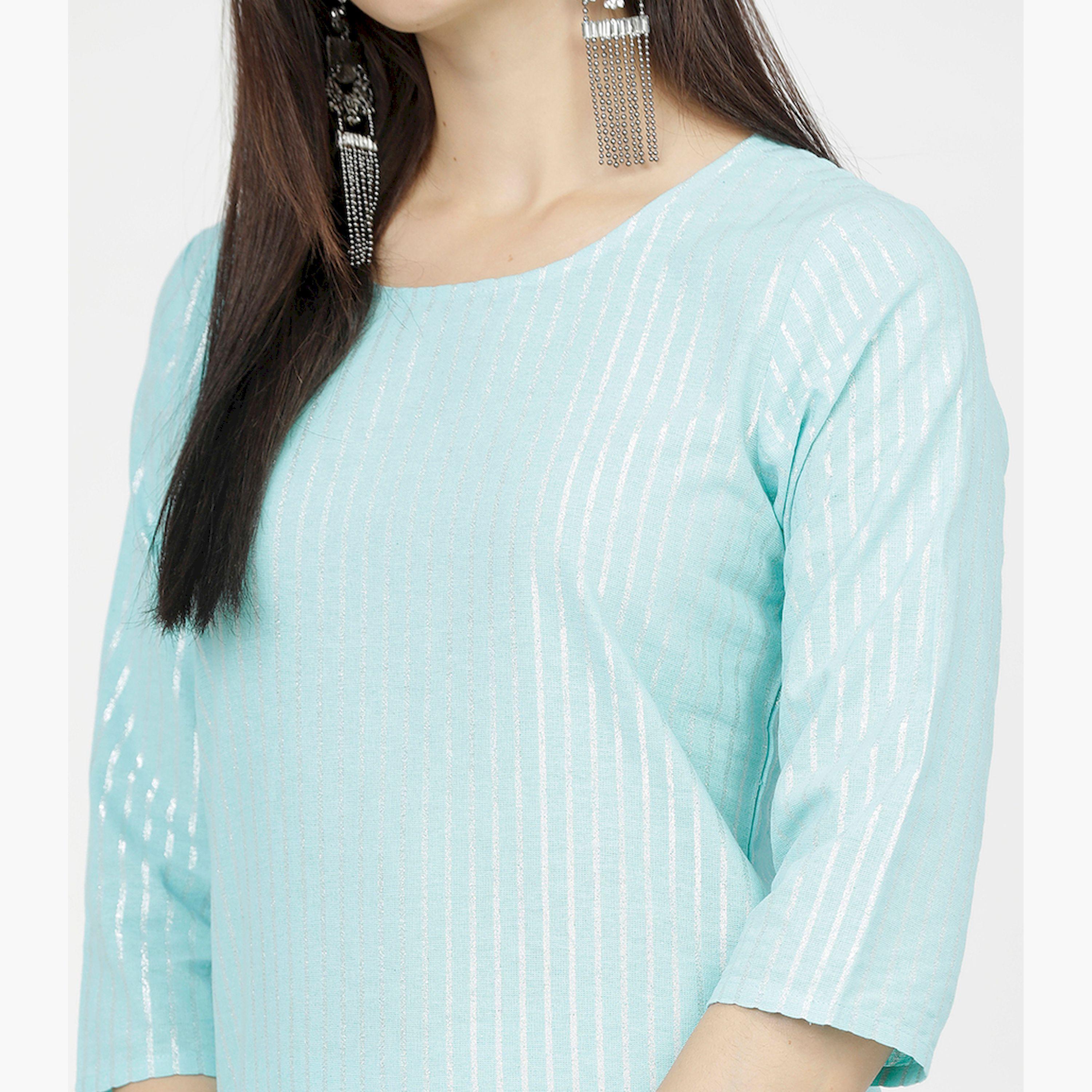 فيشود × ستايلي - كورتا مخططة من القطن الخالص مع بنطال ووشاح باللون الأزرق للنساء-women-clothing-ethnicwear-sareesets-image-5
