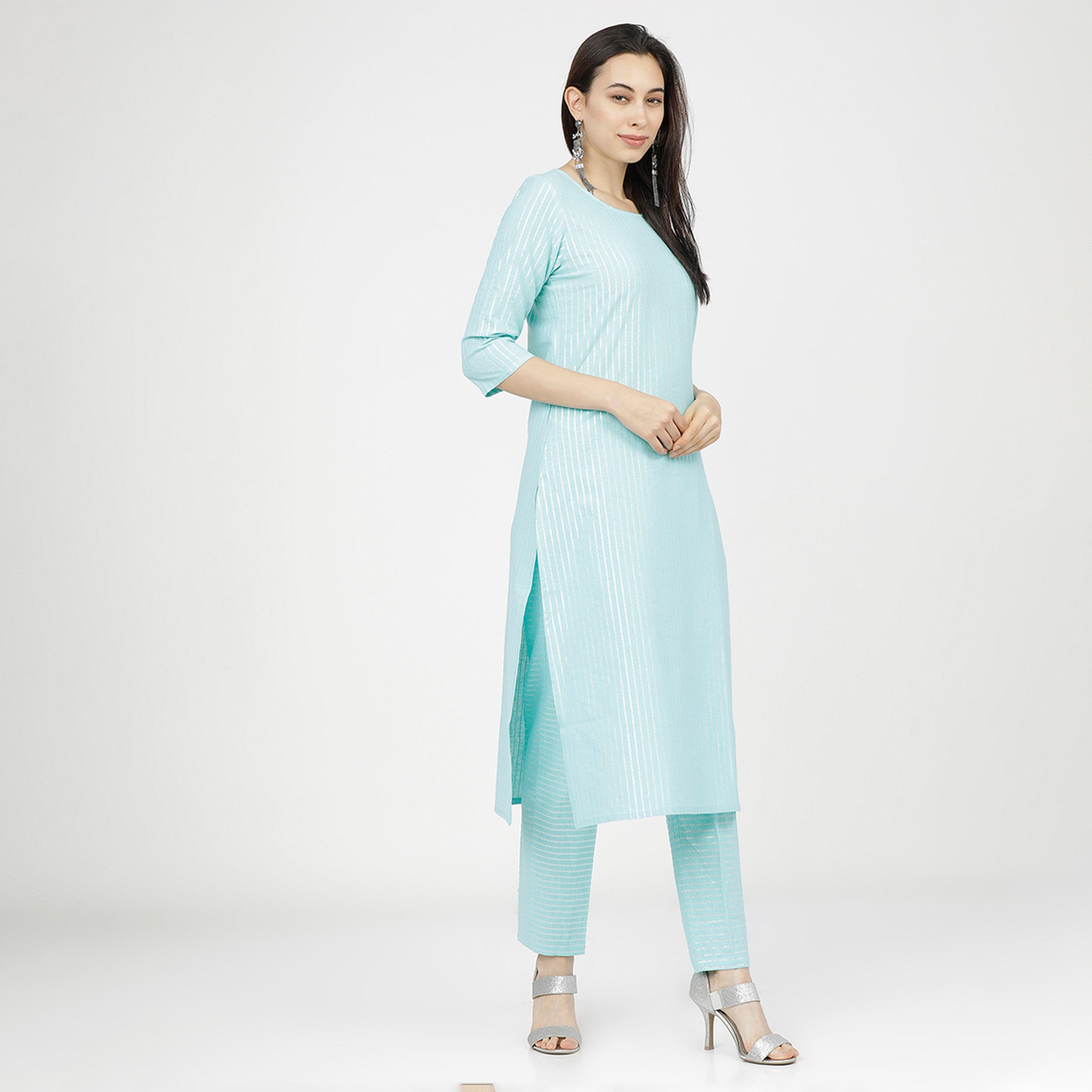 فيشود × ستايلي - كورتا مخططة من القطن الخالص مع بنطال ووشاح باللون الأزرق للنساء-women-clothing-ethnicwear-sareesets-image-6