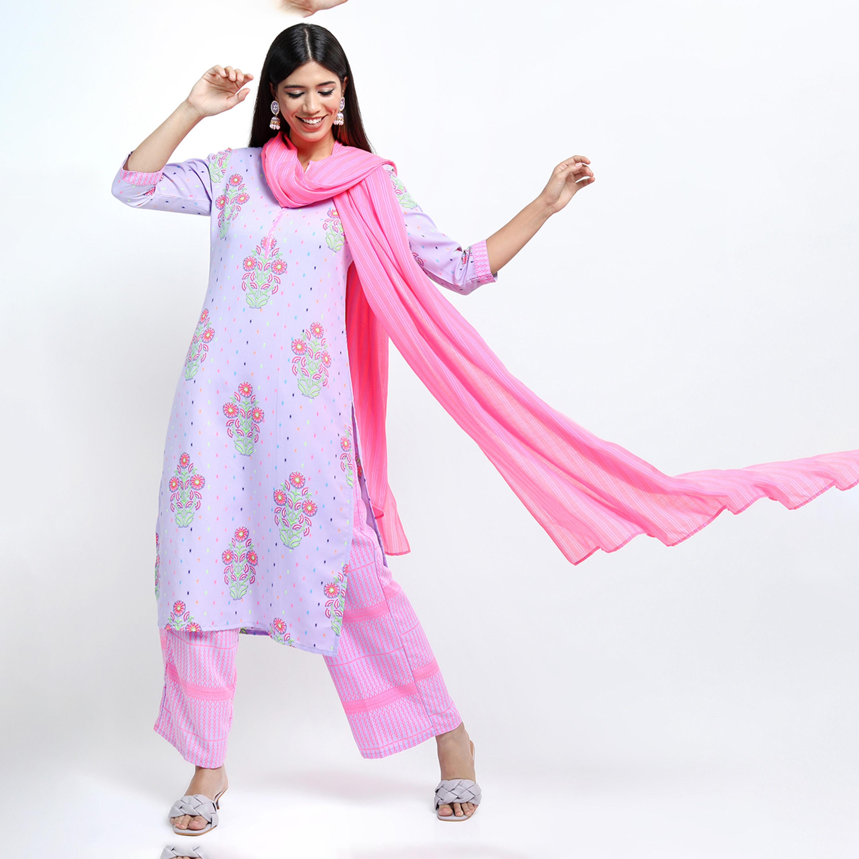 فيشود × ستايلي - كورتا نسائية بنقشات عرقية مع بنطال بالازو ووشاح دوباتا - لافندري ووردي-women-clothing-ethnicwear-sareesets-image-1