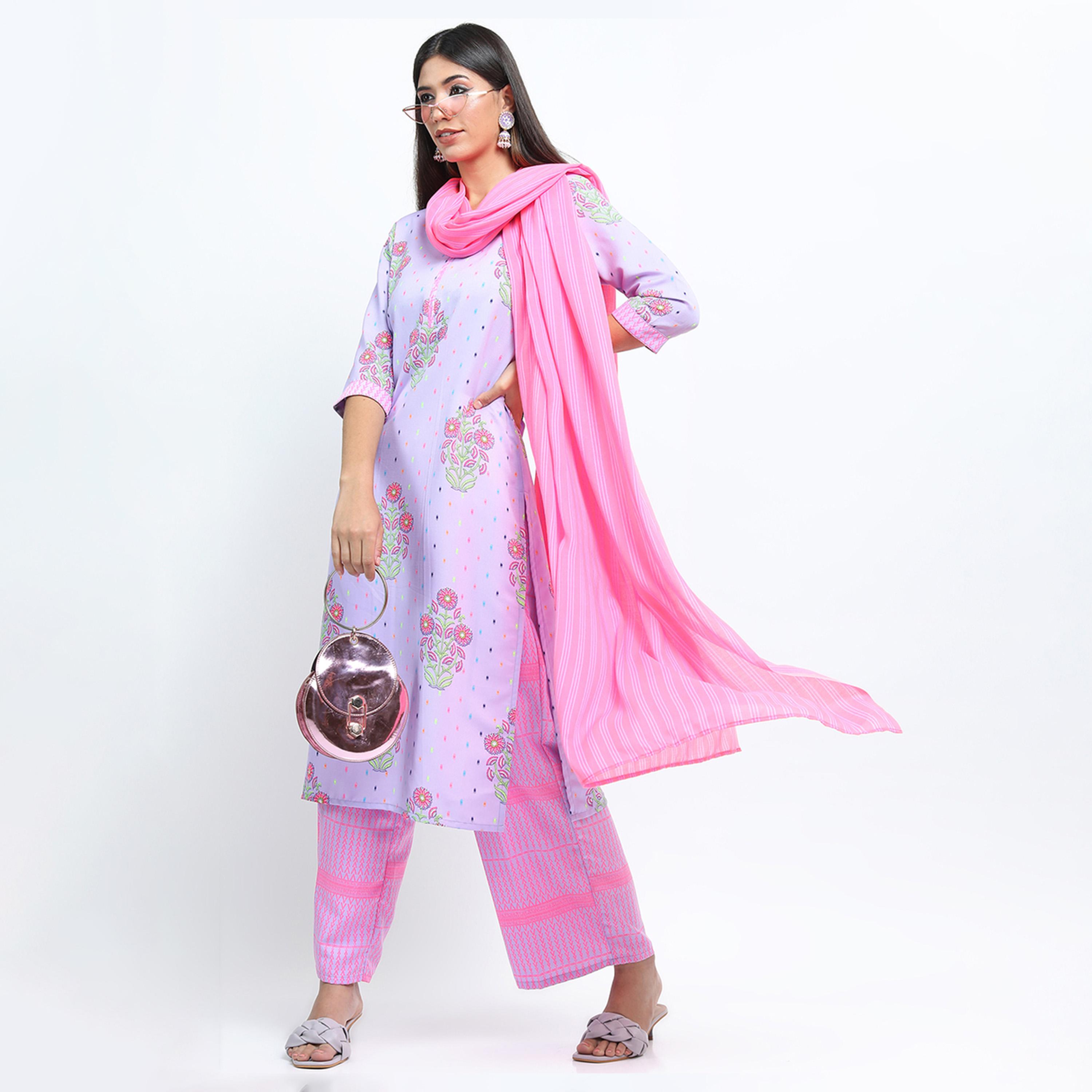 فيشود × ستايلي - كورتا نسائية بنقشات عرقية مع بنطال بالازو ووشاح دوباتا - لافندري ووردي-women-clothing-ethnicwear-sareesets-image-2