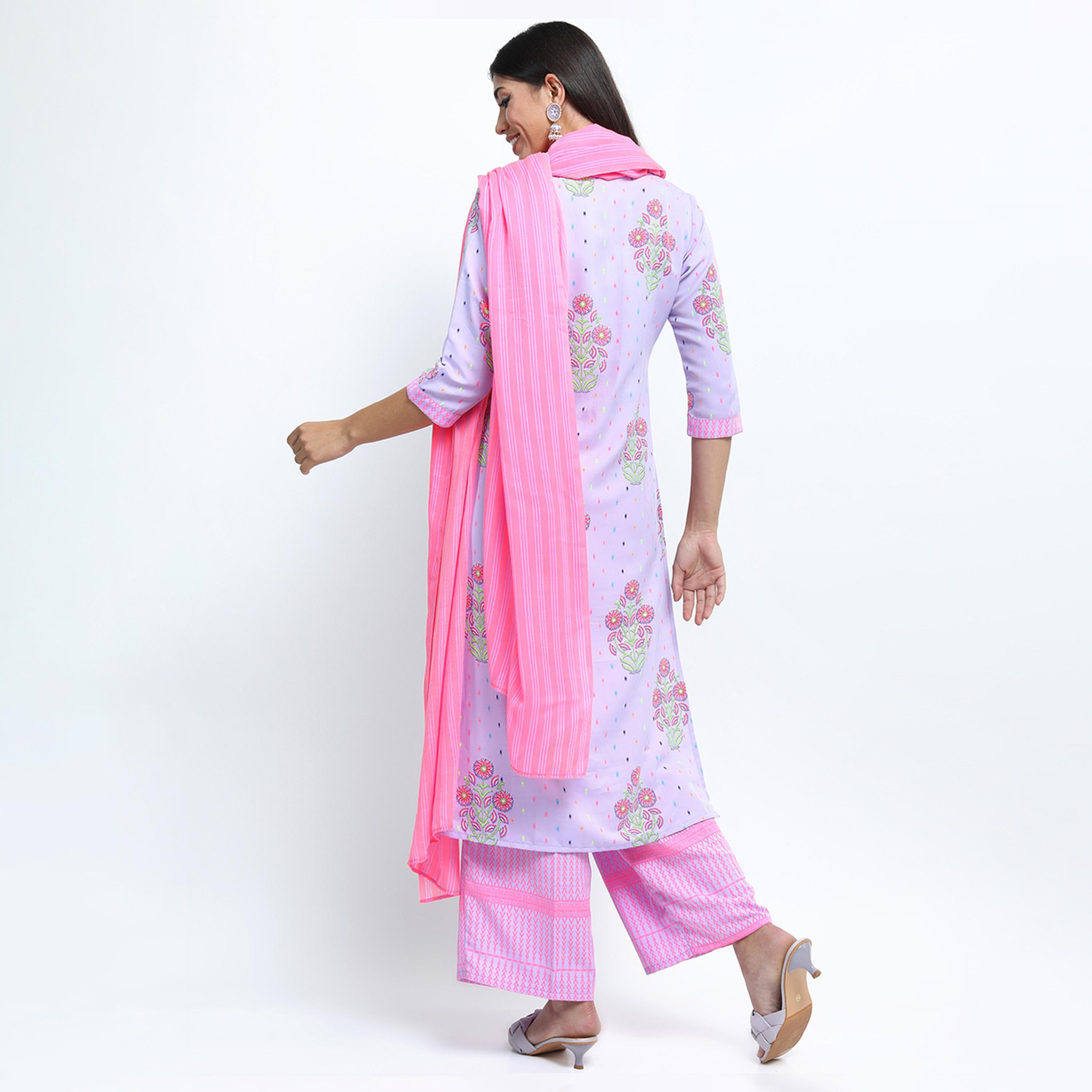 فيشود × ستايلي - كورتا نسائية بنقشات عرقية مع بنطال بالازو ووشاح دوباتا - لافندري ووردي-women-clothing-ethnicwear-sareesets-image-3