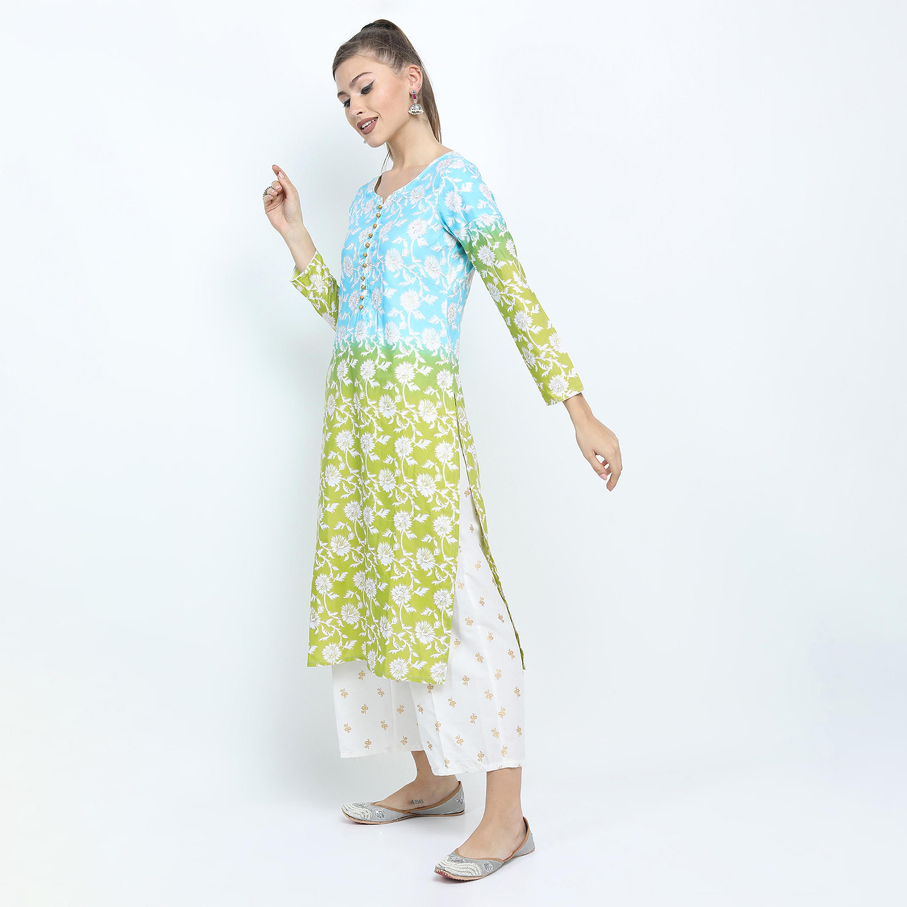 فيشود × ستايلي - كورتا بطبعة زهور مع بنطال بالازو ووشاح دوباتا باللون الأزرق للنساء-women-clothing-ethnicwear-sareesets-image-2