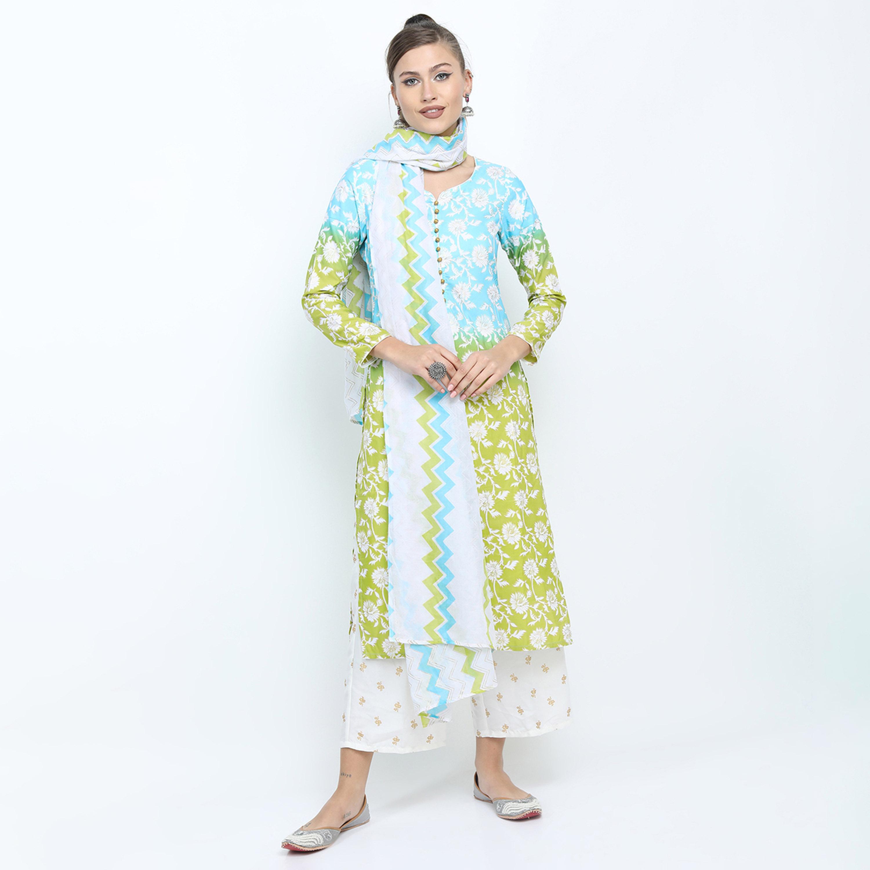 فيشود × ستايلي - كورتا بطبعة زهور مع بنطال بالازو ووشاح دوباتا باللون الأزرق للنساء-women-clothing-ethnicwear-sareesets-image-4