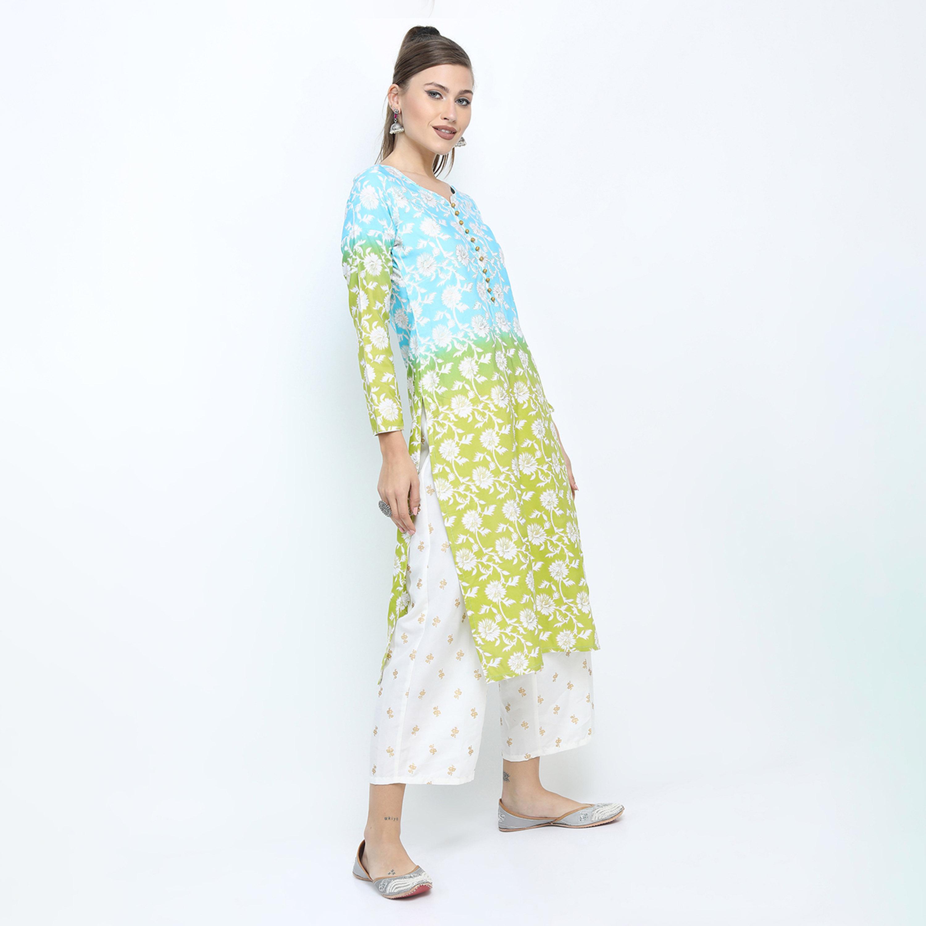 فيشود × ستايلي - كورتا بطبعة زهور مع بنطال بالازو ووشاح دوباتا باللون الأزرق للنساء-women-clothing-ethnicwear-sareesets-image-5