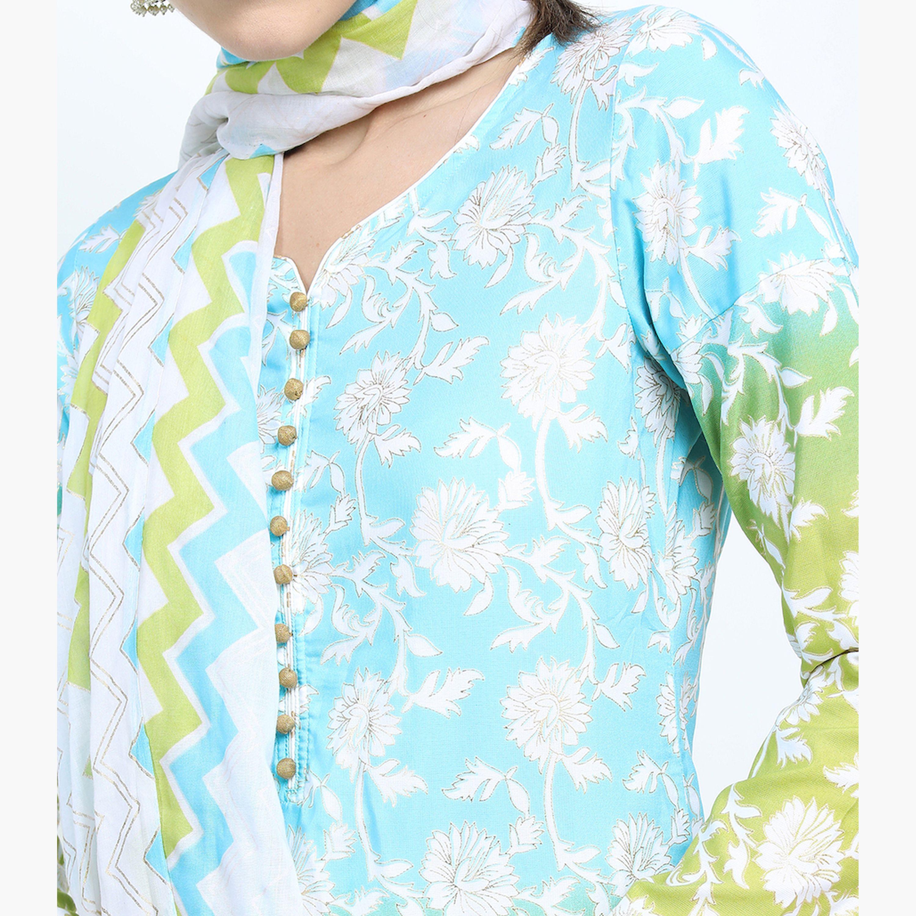 فيشود × ستايلي - كورتا بطبعة زهور مع بنطال بالازو ووشاح دوباتا باللون الأزرق للنساء-women-clothing-ethnicwear-sareesets-image-6