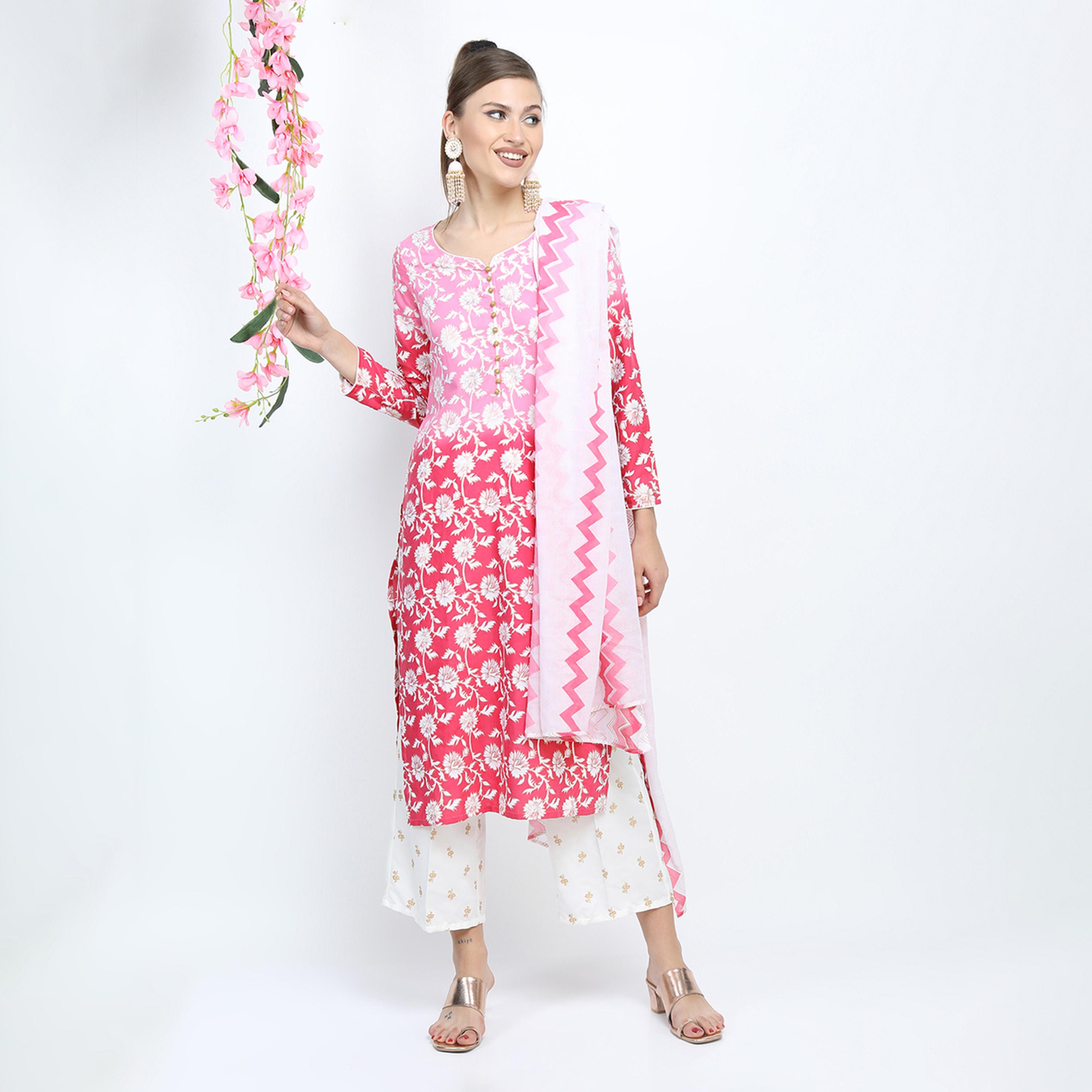 Vishudh X Styli Women Pink & White Floral Printed Kurta Palazzos & Dupatta-women-clothing-ethnicwear-sareesets-image-1