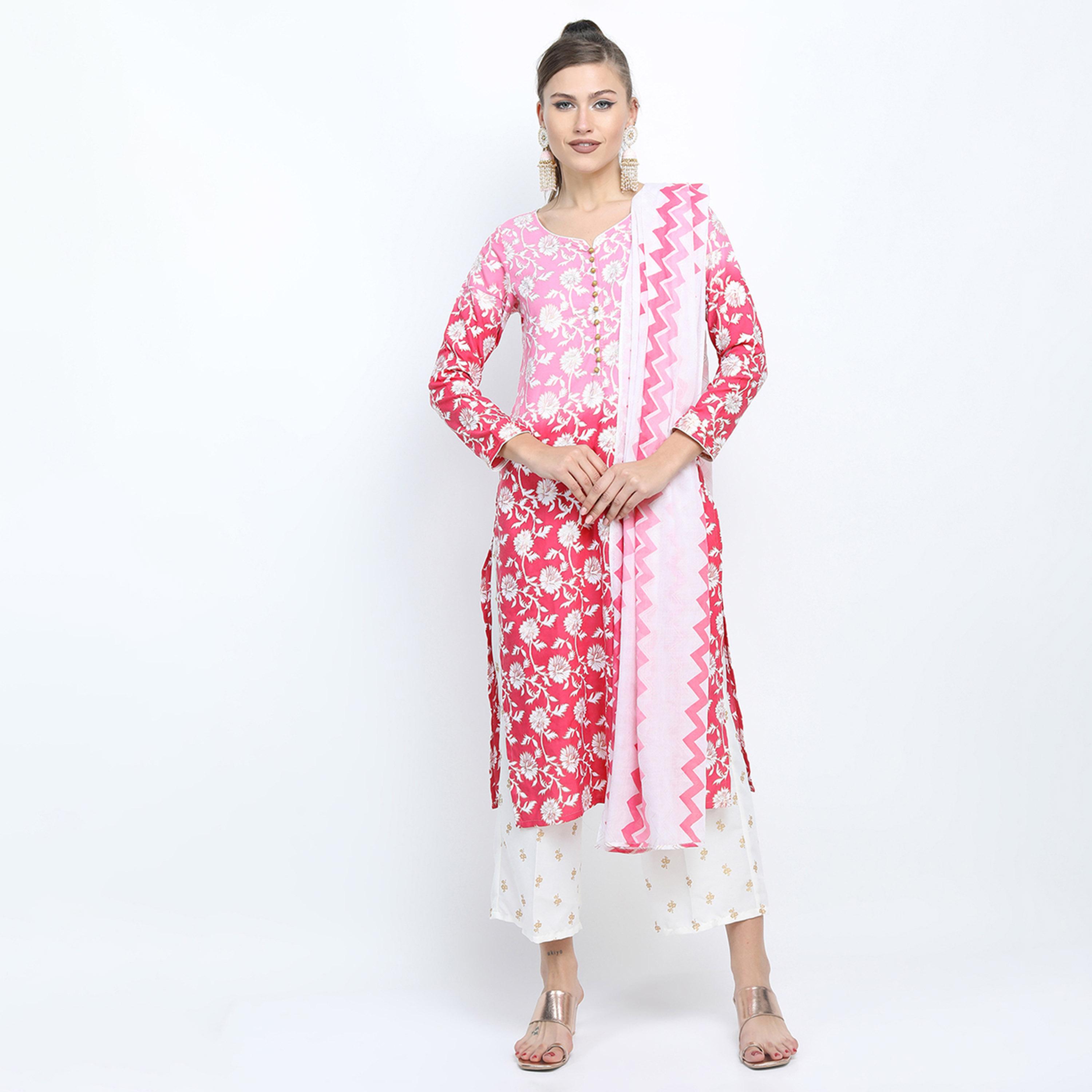 Vishudh X Styli Women Pink & White Floral Printed Kurta Palazzos & Dupatta-women-clothing-ethnicwear-sareesets-image-4