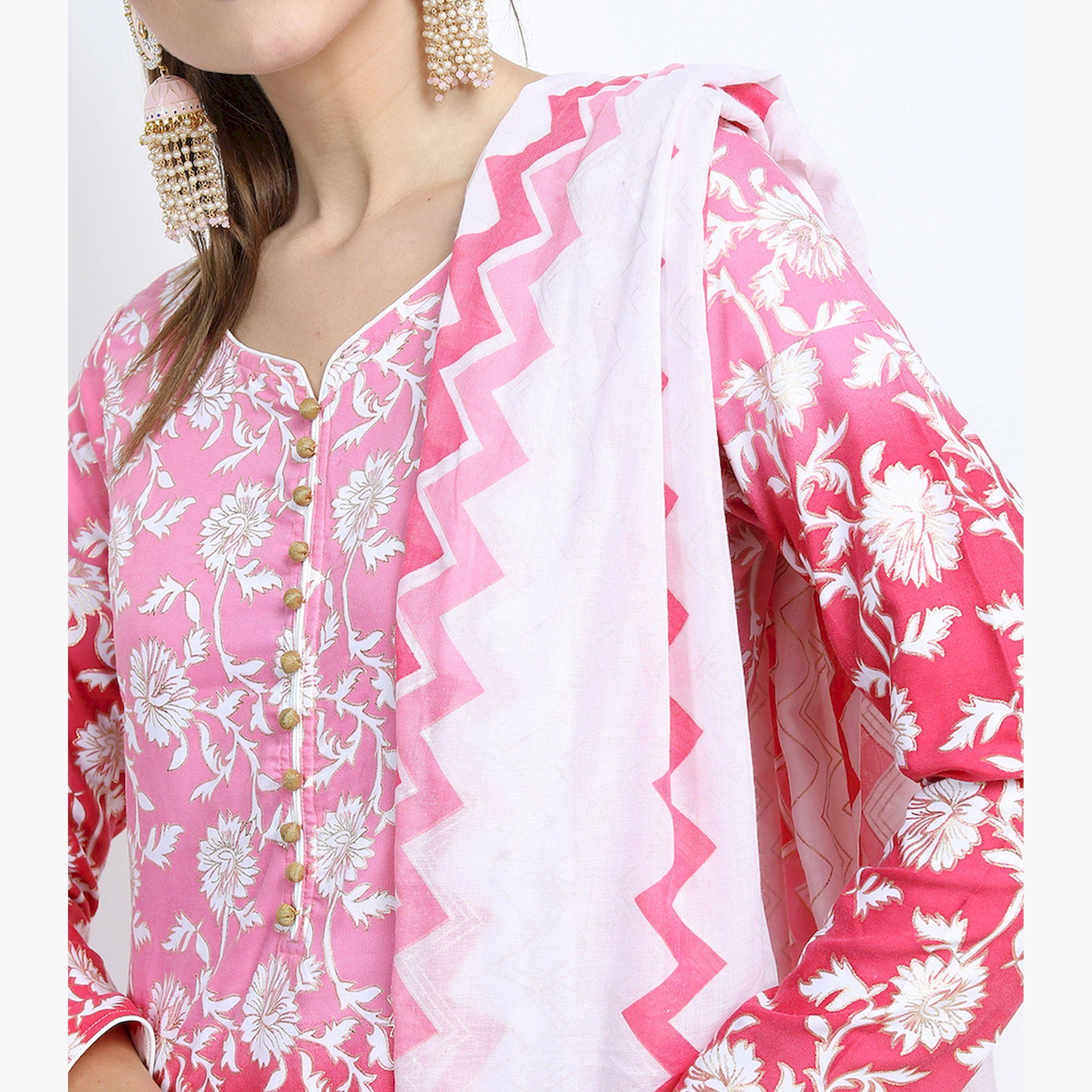 Vishudh X Styli Women Pink & White Floral Printed Kurta Palazzos & Dupatta-women-clothing-ethnicwear-sareesets-image-5