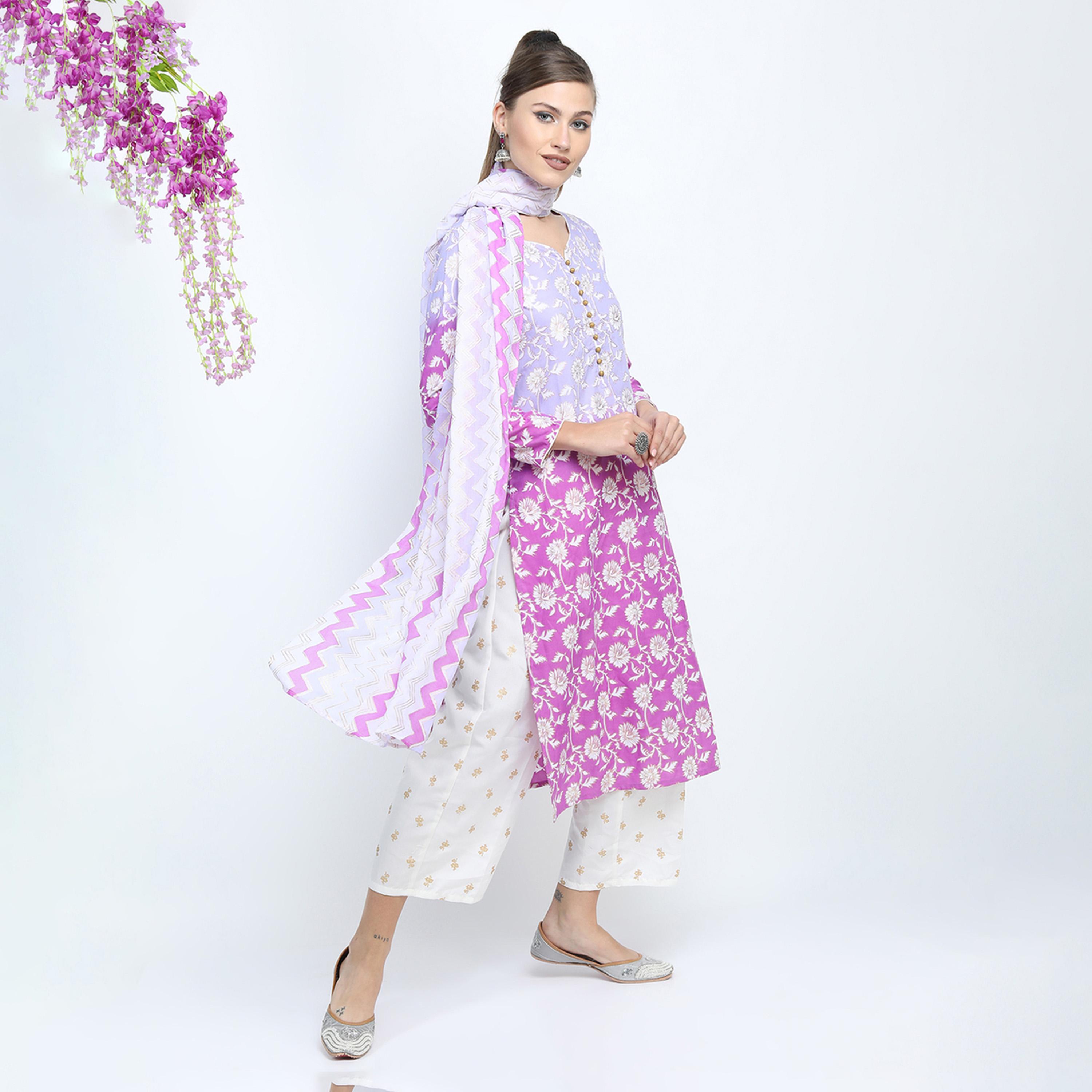 Vishudh X Styli Women Mauve Floral Printed High Slit Kurta with Palazzo & Dupatta-women-clothing-ethnicwear-sareesets-image-1