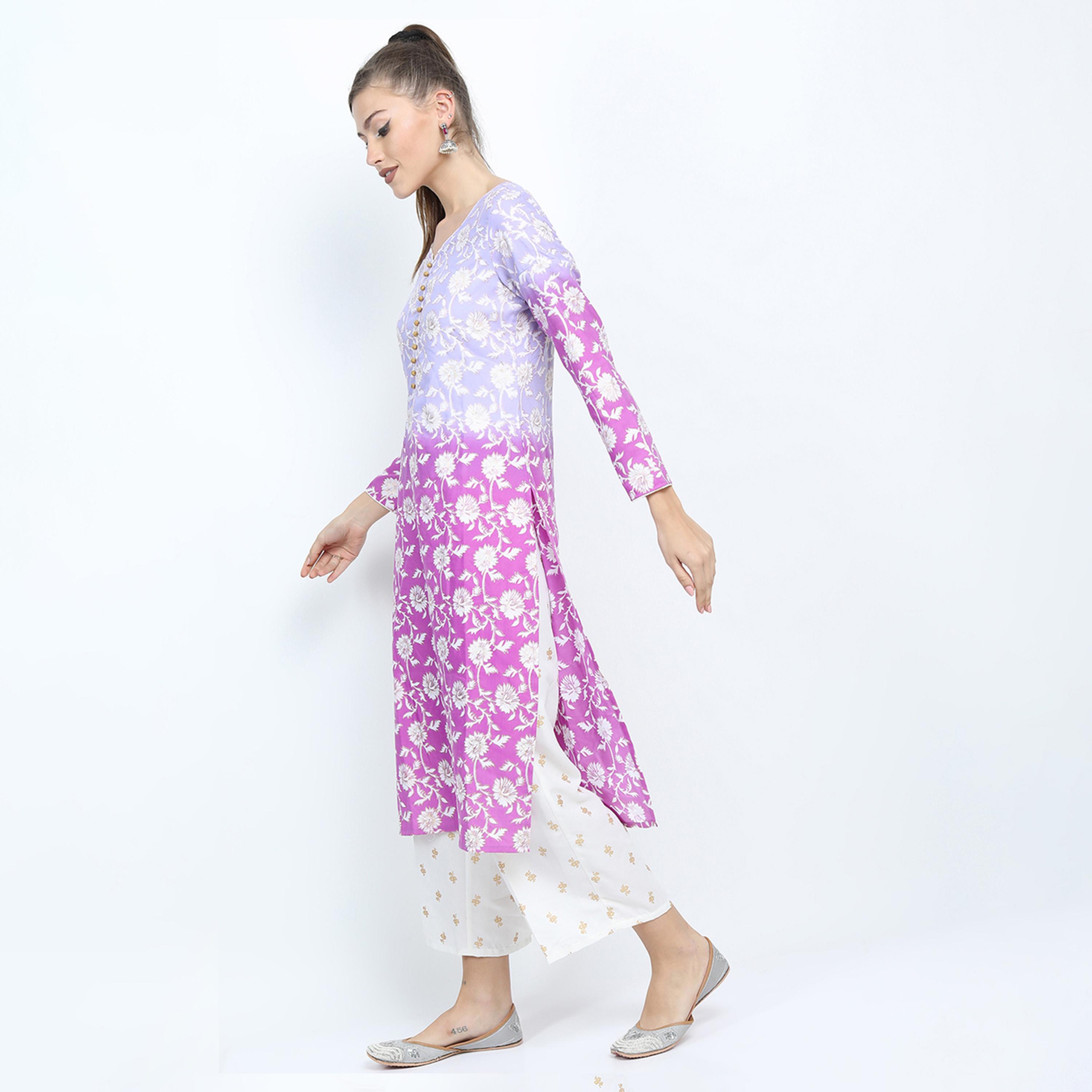 Vishudh X Styli Women Mauve Floral Printed High Slit Kurta with Palazzo & Dupatta-women-clothing-ethnicwear-sareesets-image-2