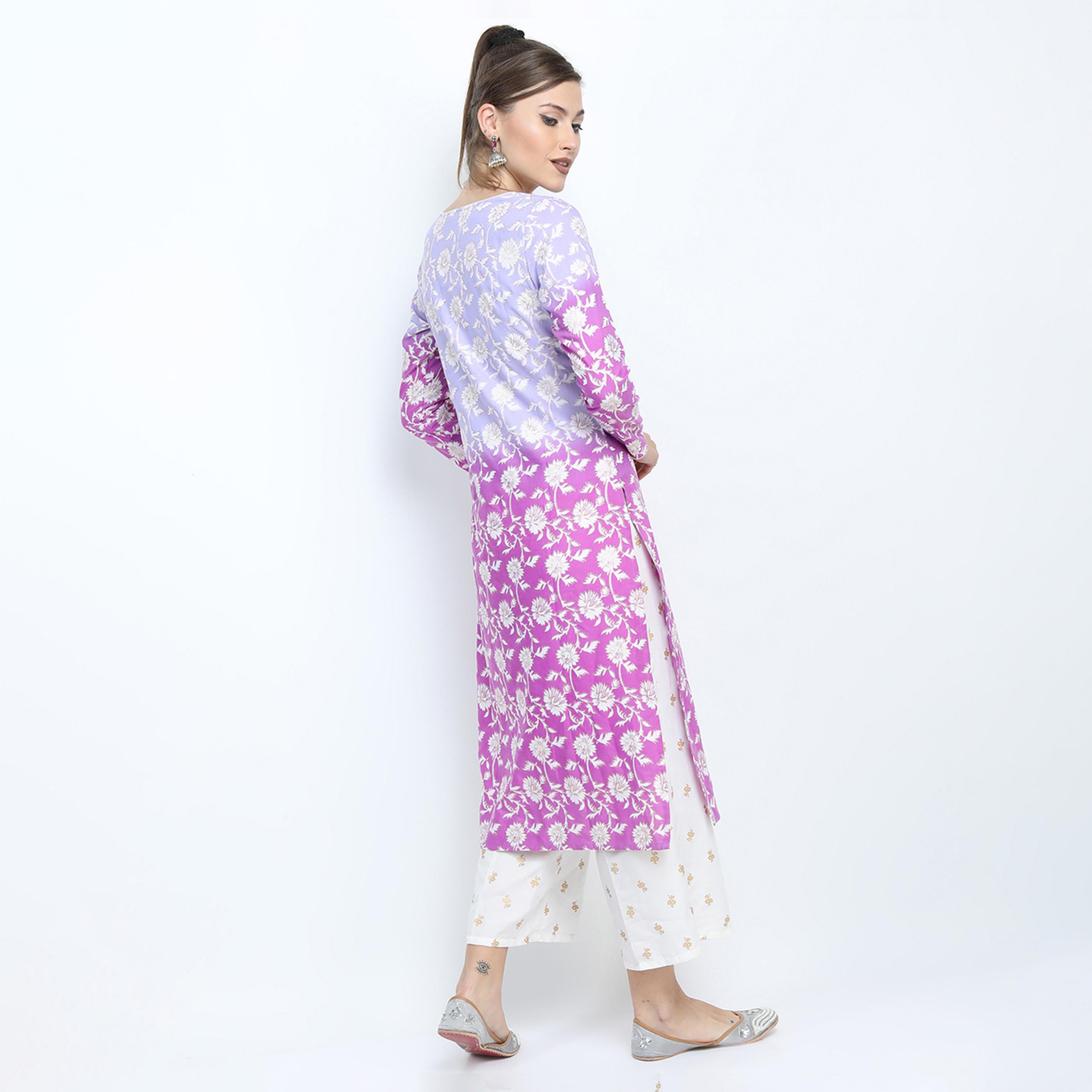 Vishudh X Styli Women Mauve Floral Printed High Slit Kurta with Palazzo & Dupatta-women-clothing-ethnicwear-sareesets-image-3