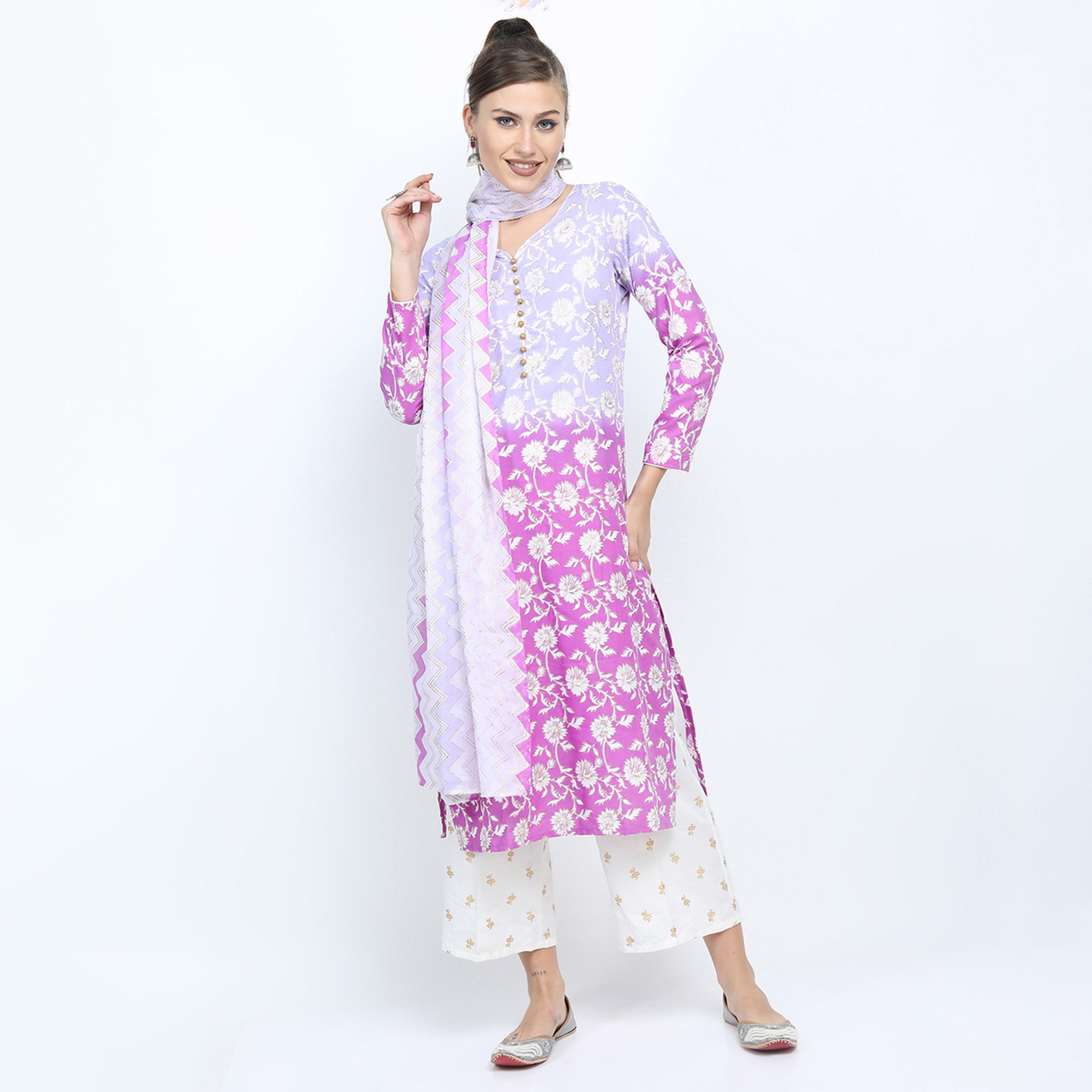 Vishudh X Styli Women Mauve Floral Printed High Slit Kurta with Palazzo & Dupatta-women-clothing-ethnicwear-sareesets-image-4