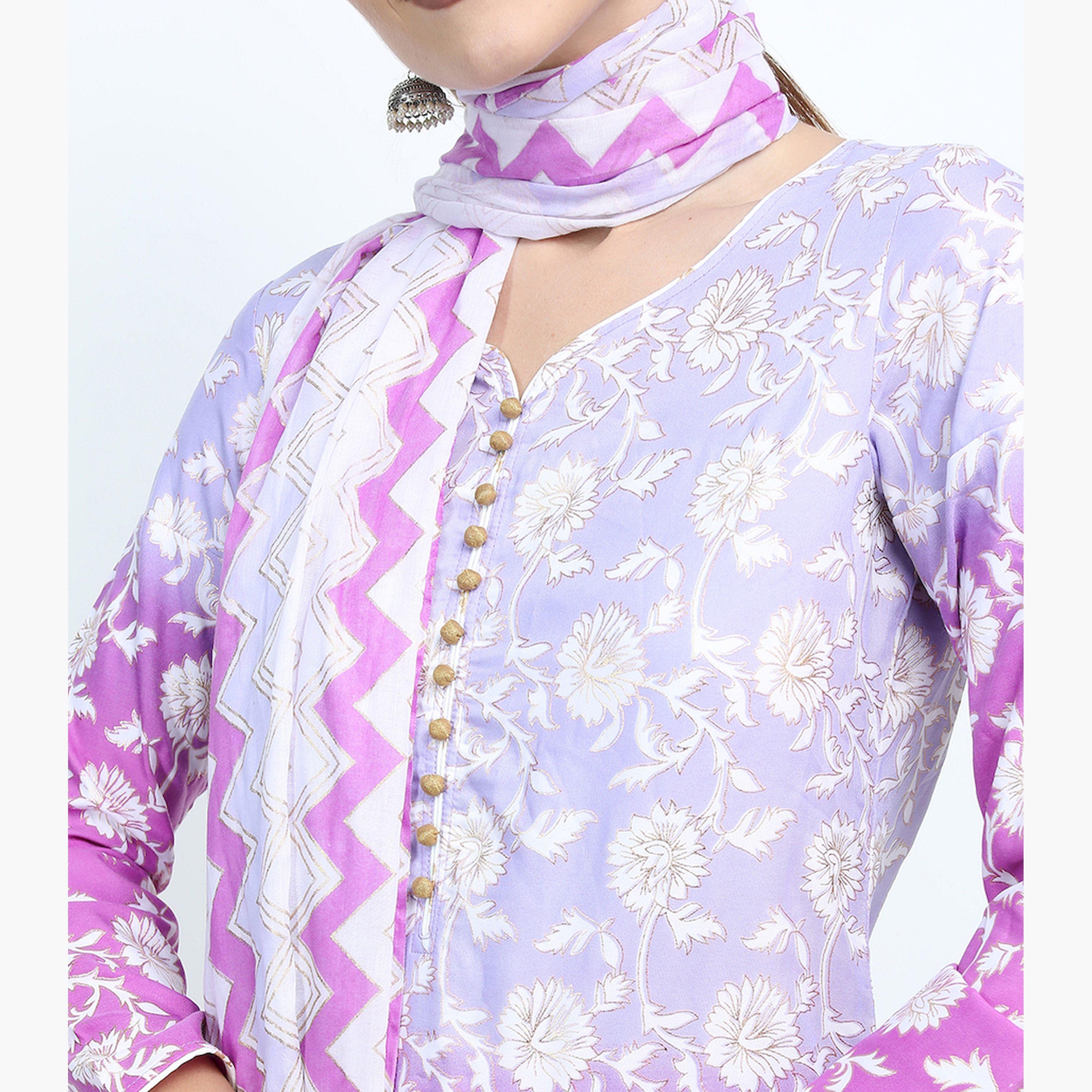 Vishudh X Styli Women Mauve Floral Printed High Slit Kurta with Palazzo & Dupatta-women-clothing-ethnicwear-sareesets-image-5