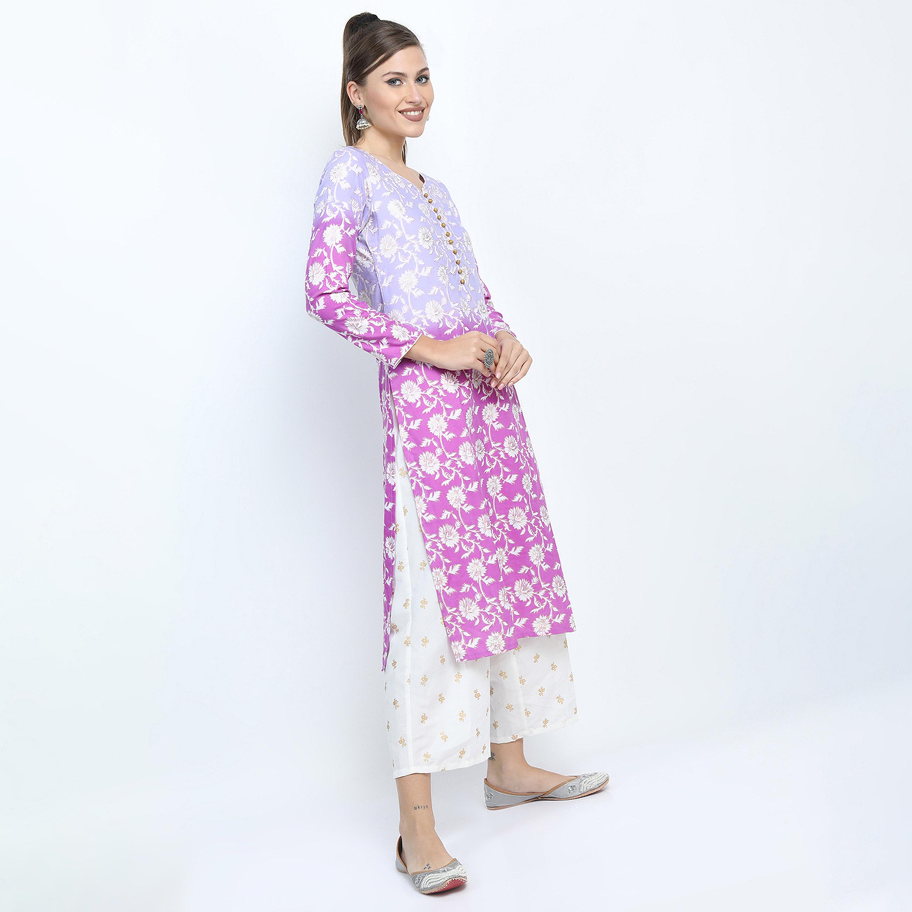 Vishudh X Styli Women Mauve Floral Printed High Slit Kurta with Palazzo & Dupatta-women-clothing-ethnicwear-sareesets-image-6