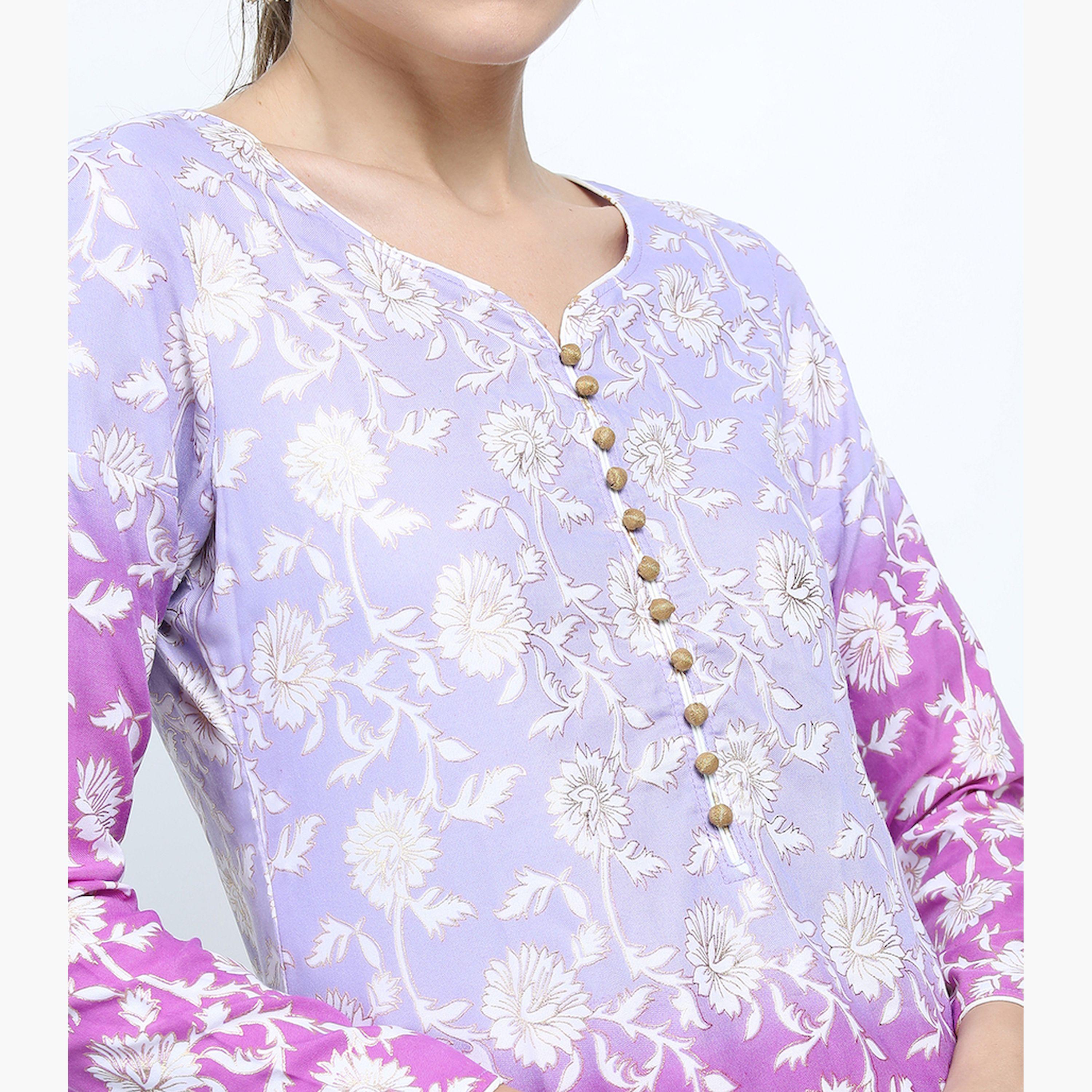 Vishudh X Styli Women Mauve Floral Printed High Slit Kurta with Palazzo & Dupatta-women-clothing-ethnicwear-sareesets-image-7