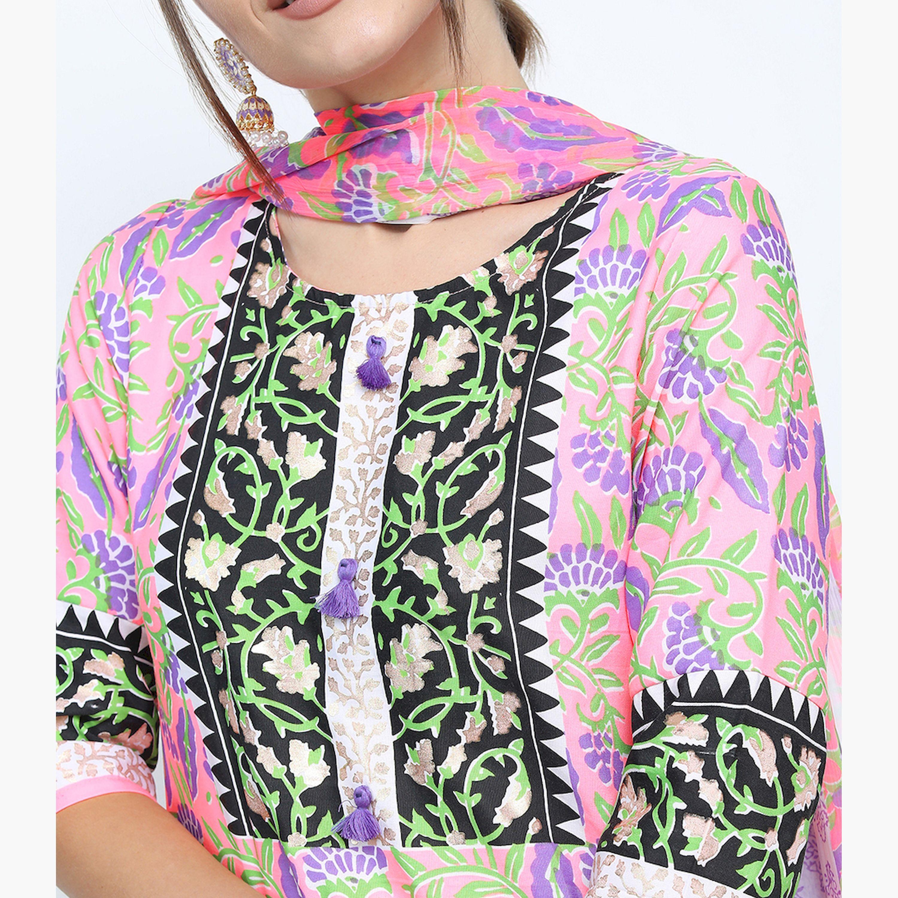 فيشود × ستايلي - كورتي مزينة بالزهور مع بنطال ووشاح باللون الوردي للنساء-women-clothing-ethnicwear-sareesets-image-4
