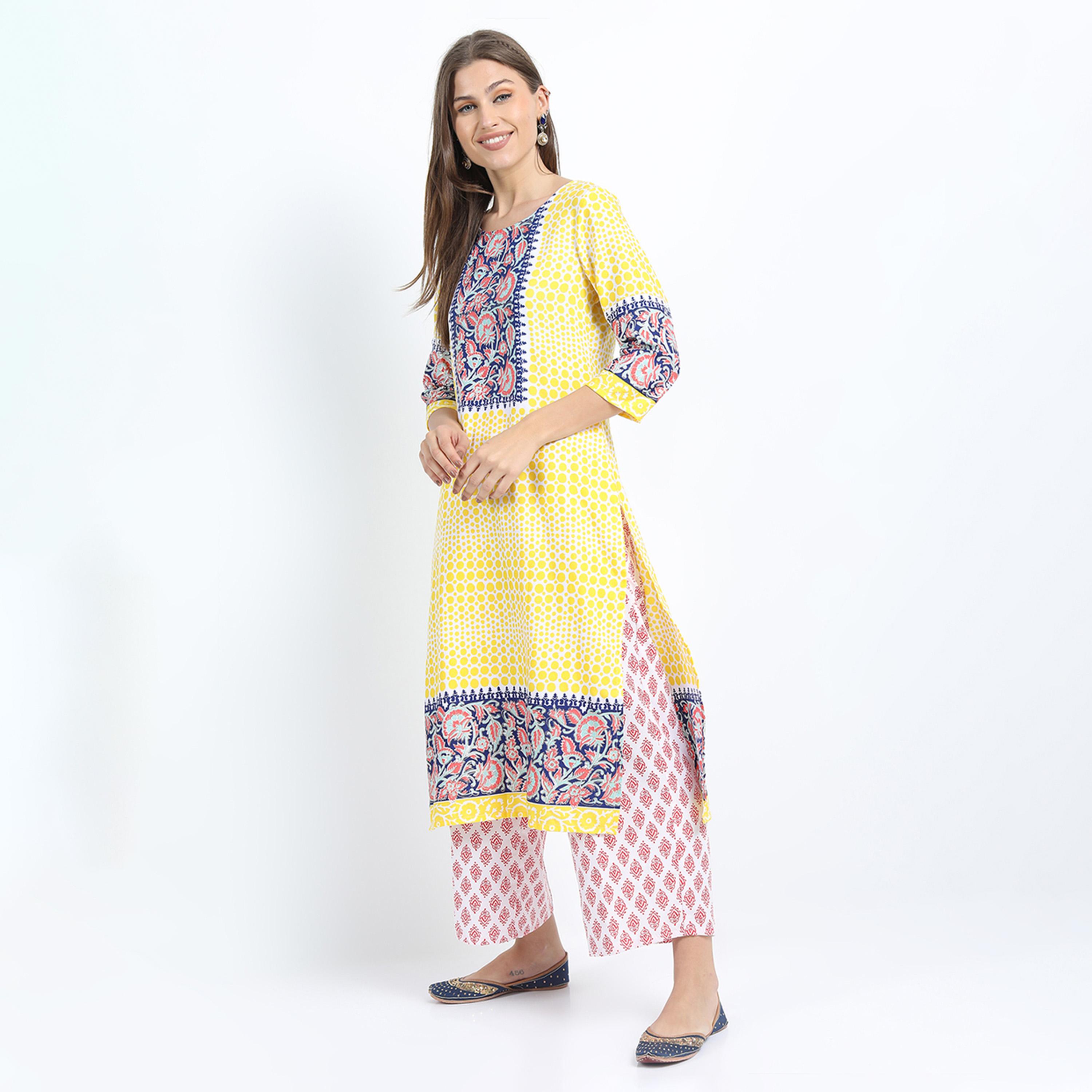 فيشود × ستايلي - كورتا نسائية مطبوعة بزخارف عرقية مع بنطال بالازو ووشاح دوباتا - أصفر-women-clothing-ethnicwear-sareesets-image-2