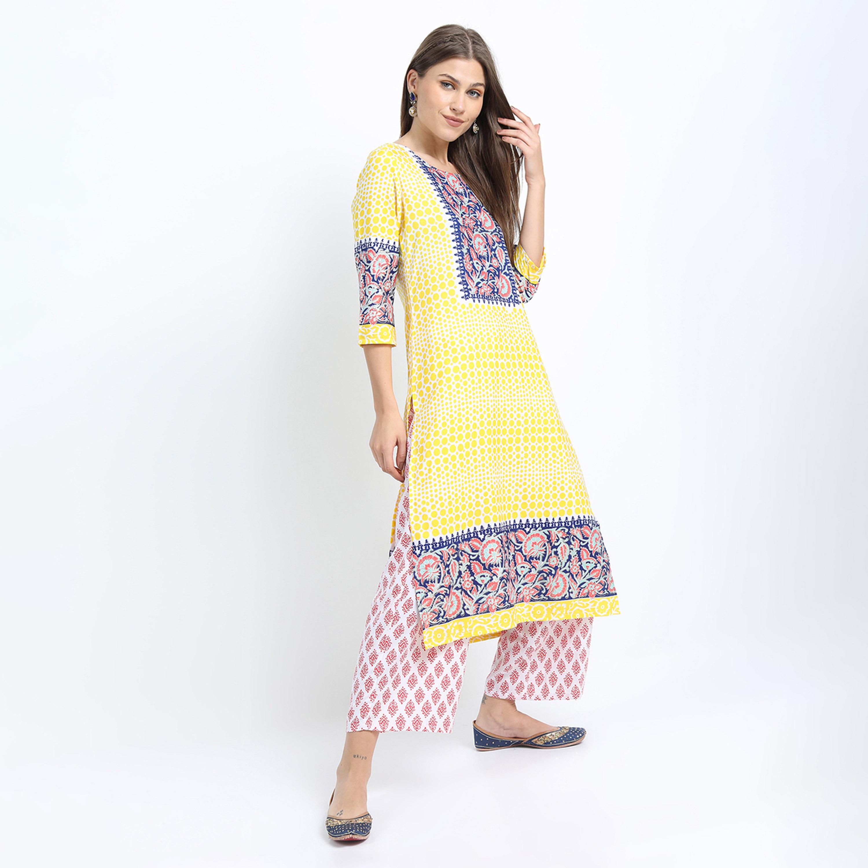 فيشود × ستايلي - كورتا نسائية مطبوعة بزخارف عرقية مع بنطال بالازو ووشاح دوباتا - أصفر-women-clothing-ethnicwear-sareesets-image-5