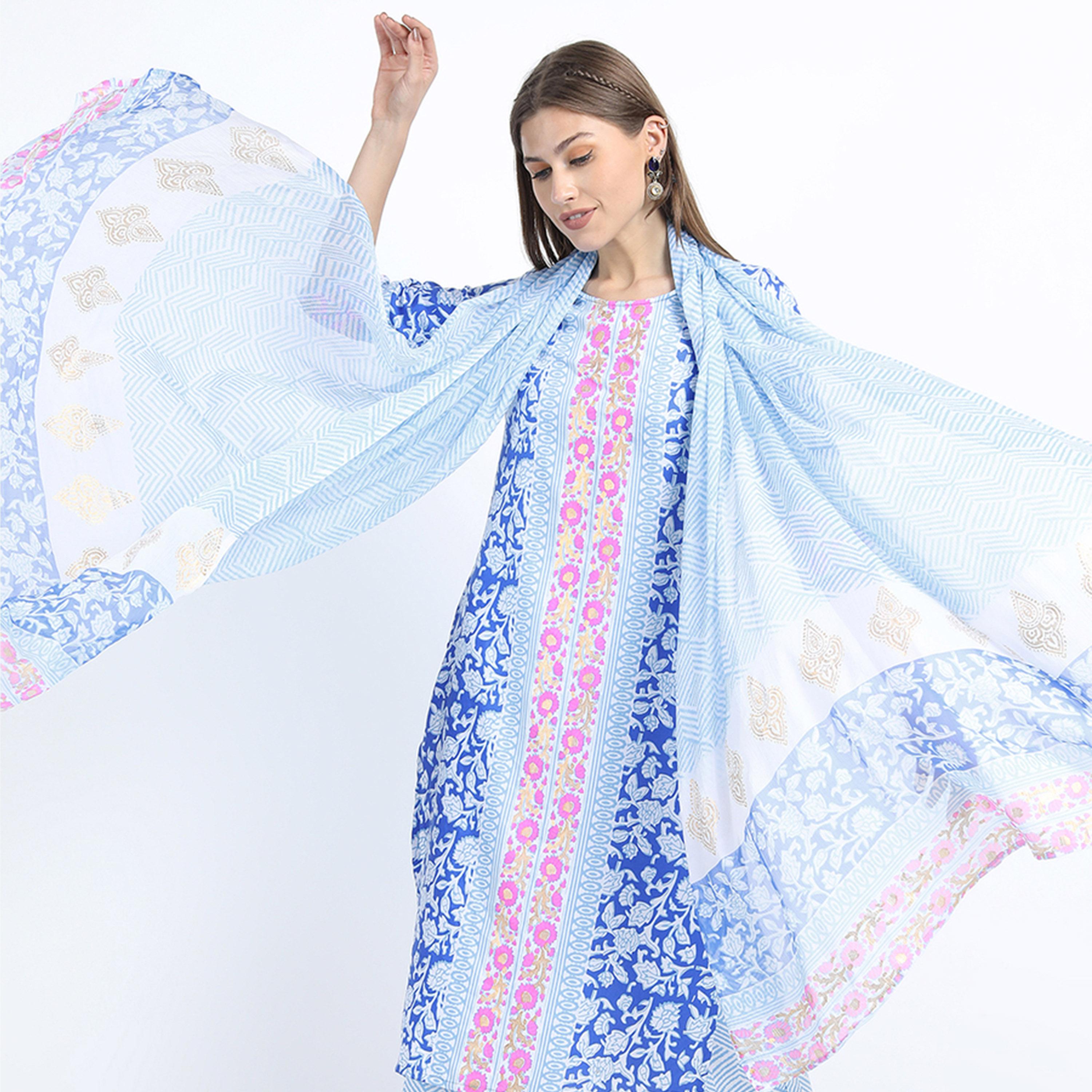 Vishudh X Styli Women Blue Printed Kurti with Trousers & Dupatta-women-clothing-ethnicwear-sareesets-image-1