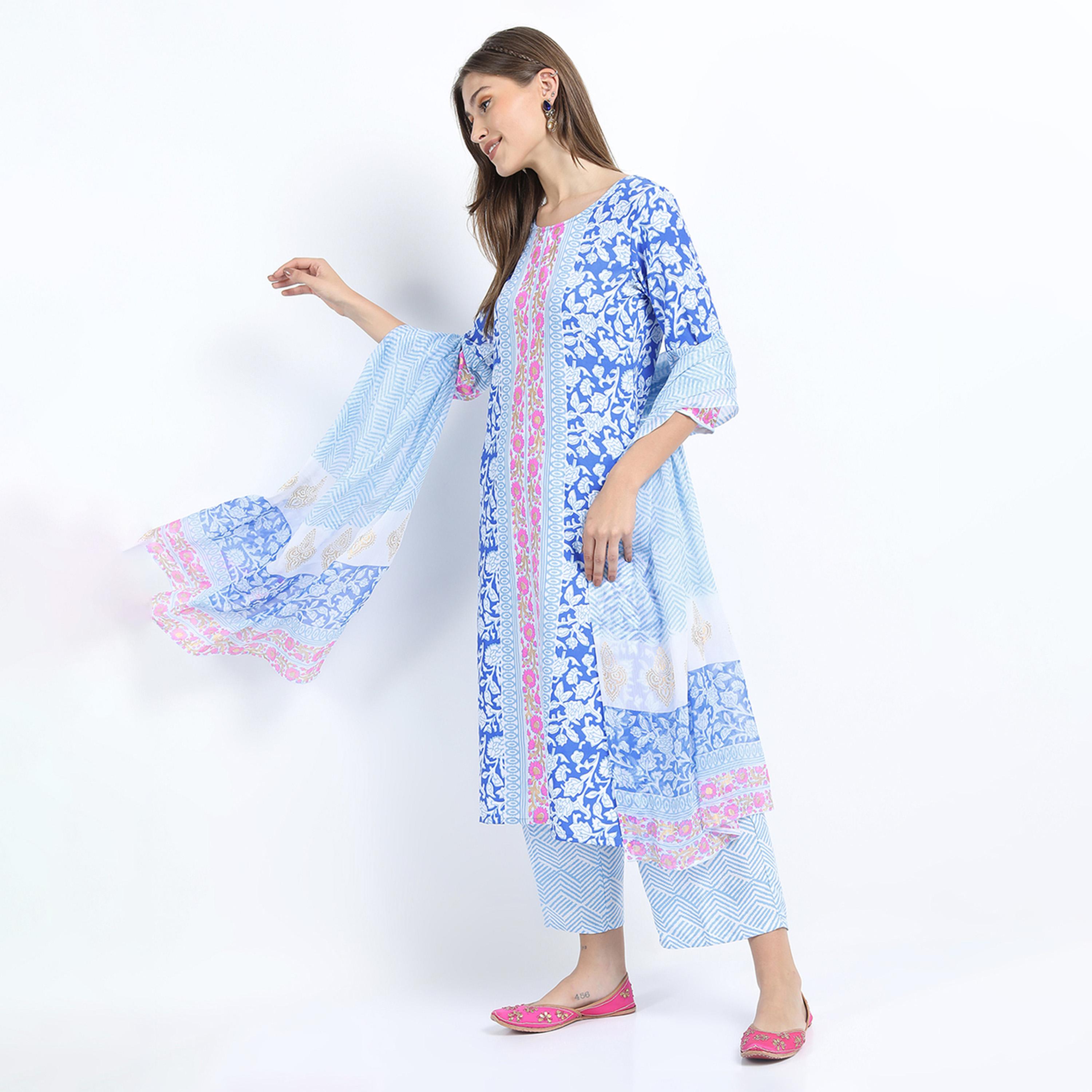 Vishudh X Styli Women Blue Printed Kurti with Trousers & Dupatta-women-clothing-ethnicwear-sareesets-image-2