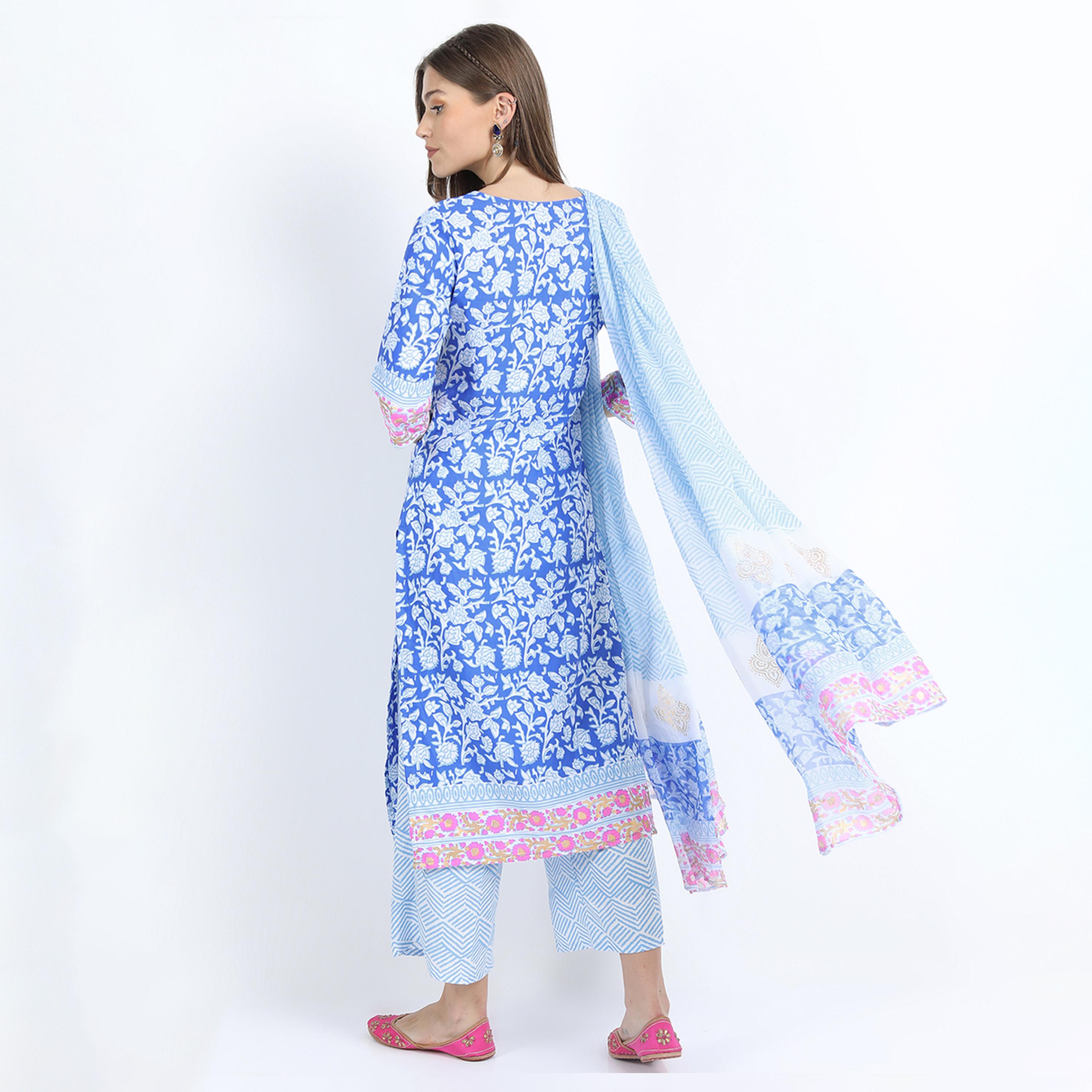 Vishudh X Styli Women Blue Printed Kurti with Trousers & Dupatta-women-clothing-ethnicwear-sareesets-image-3