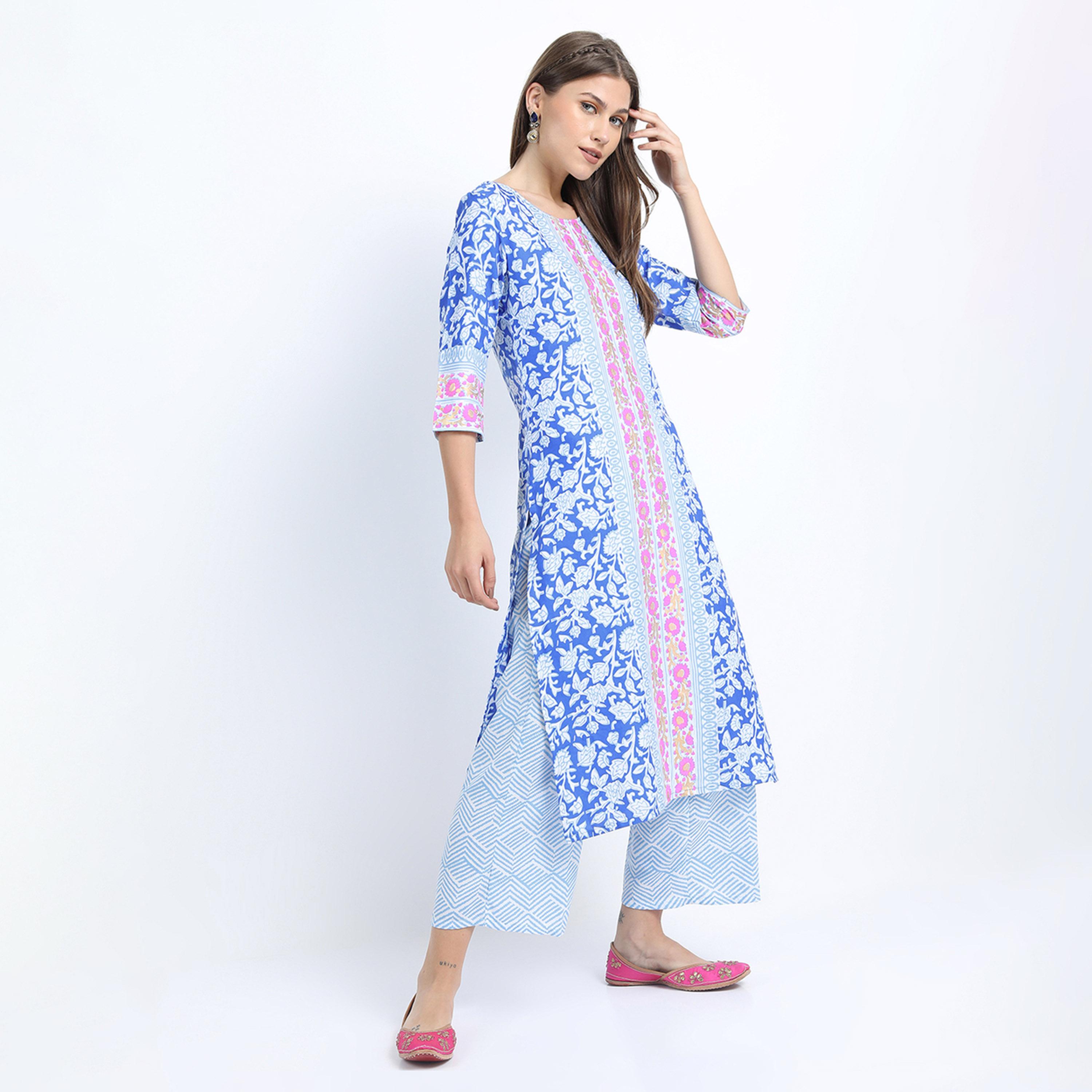 Vishudh X Styli Women Blue Printed Kurti with Trousers & Dupatta-women-clothing-ethnicwear-sareesets-image-5