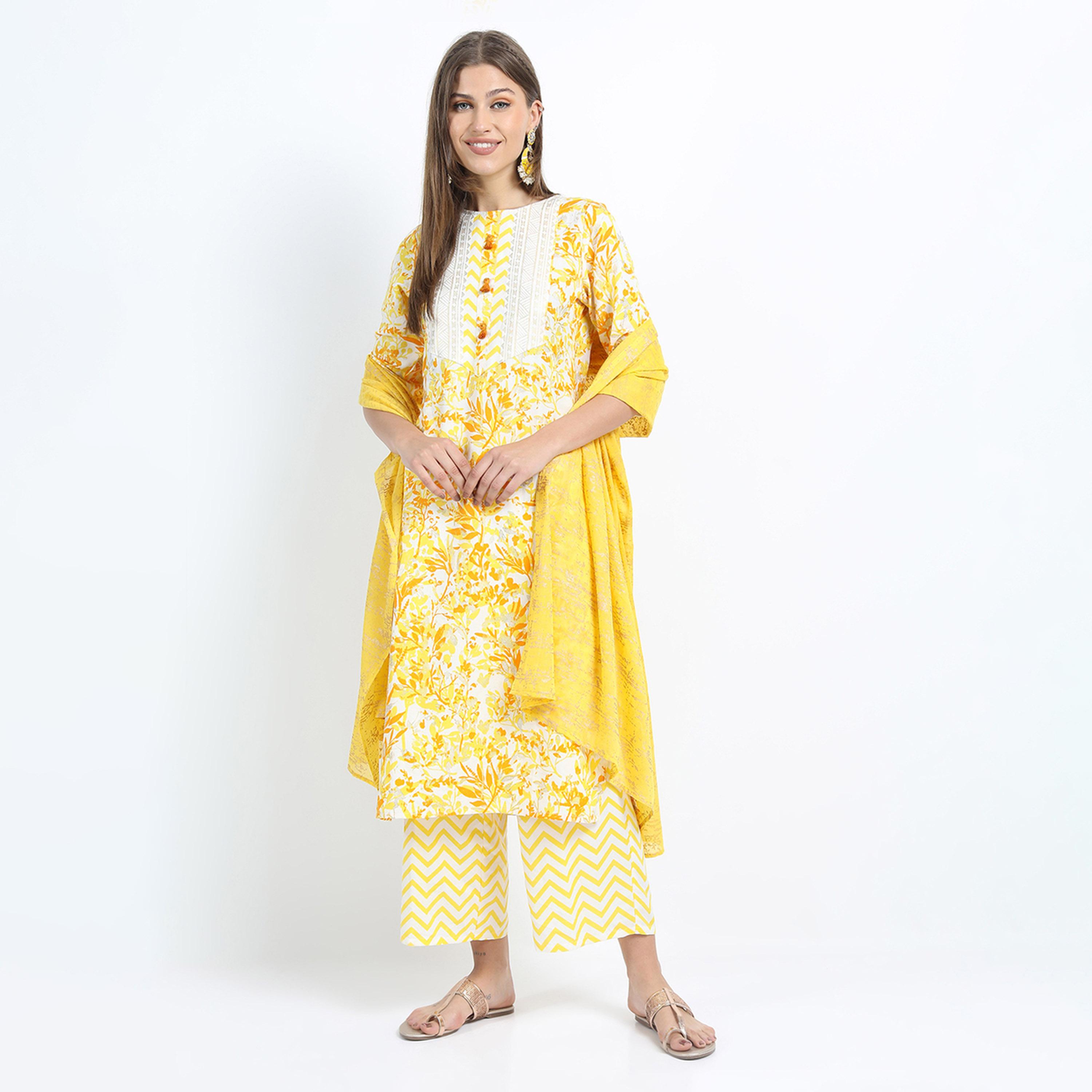 فيشود × ستايلي - كورتا نسائية مطبوعة مع بنطال ووشاح - أصفر خردلي-women-clothing-ethnicwear-sareesets-image-1