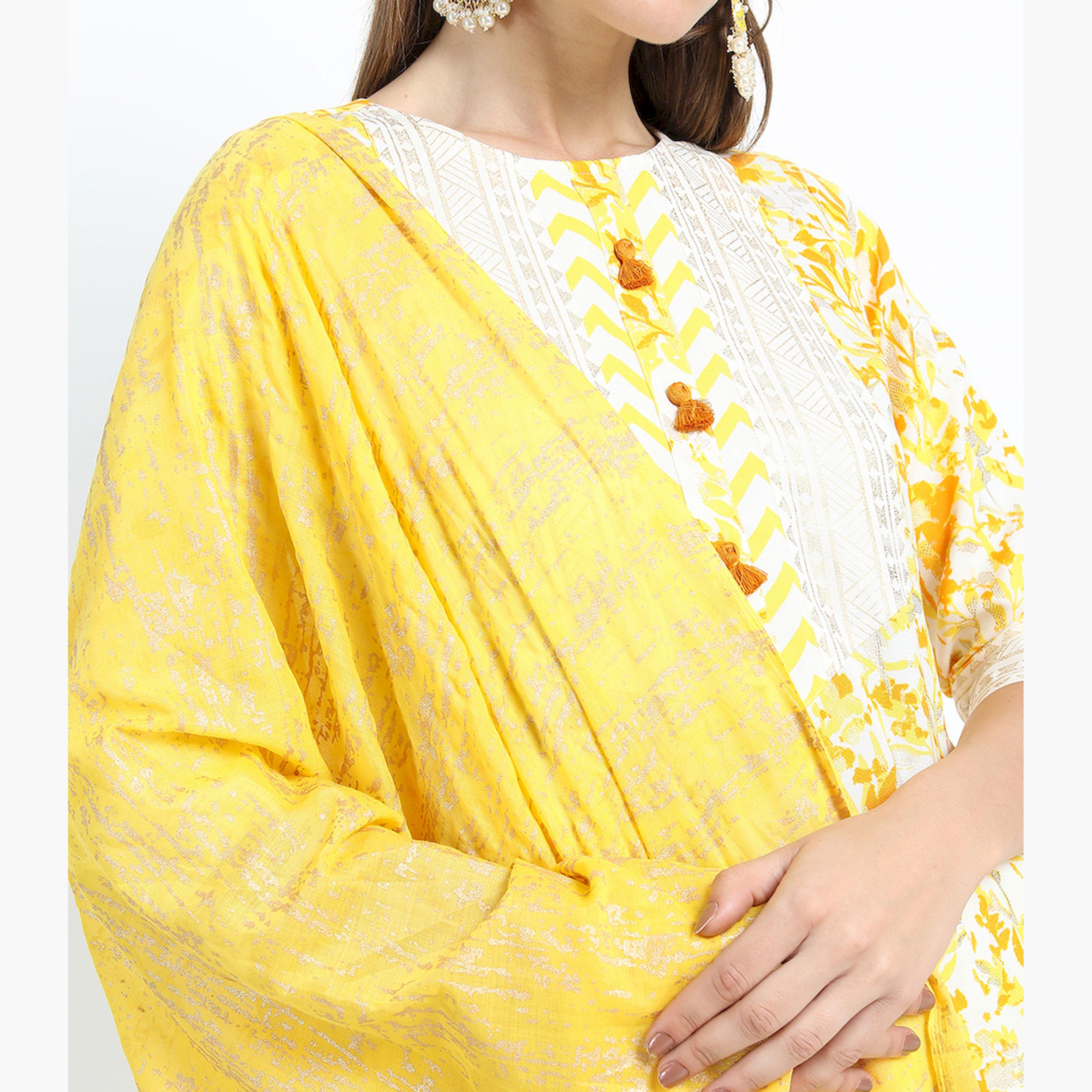 فيشود × ستايلي - كورتا نسائية مطبوعة مع بنطال ووشاح - أصفر خردلي-women-clothing-ethnicwear-sareesets-image-4