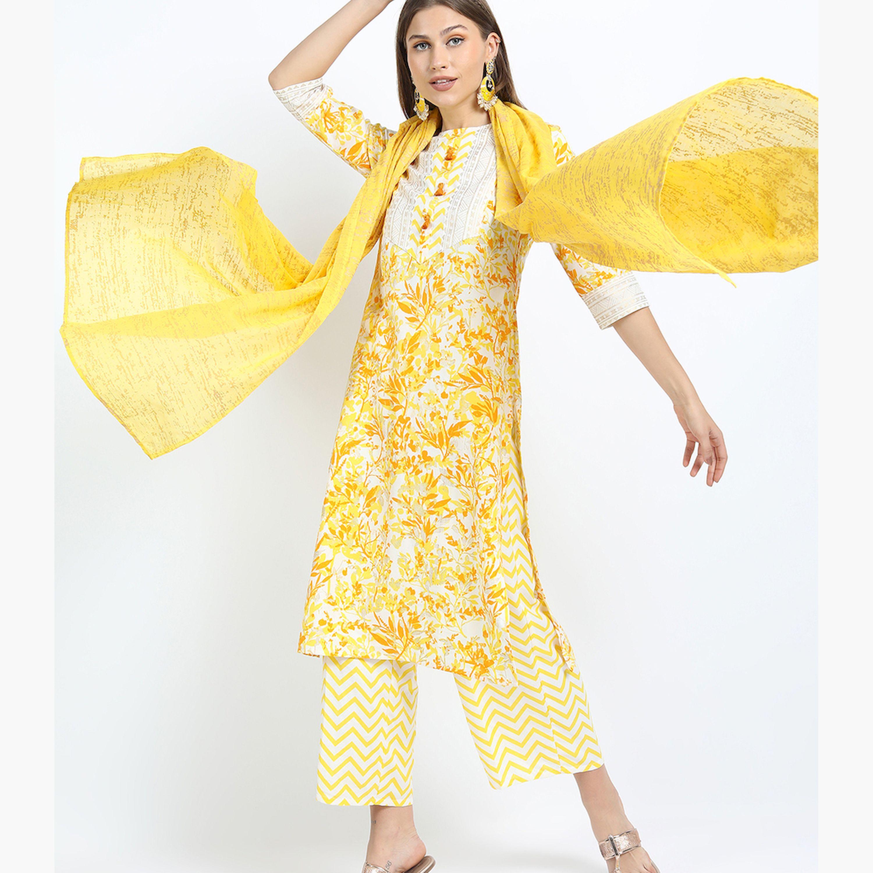 فيشود × ستايلي - كورتا نسائية مطبوعة مع بنطال ووشاح - أصفر خردلي-women-clothing-ethnicwear-sareesets-image-9
