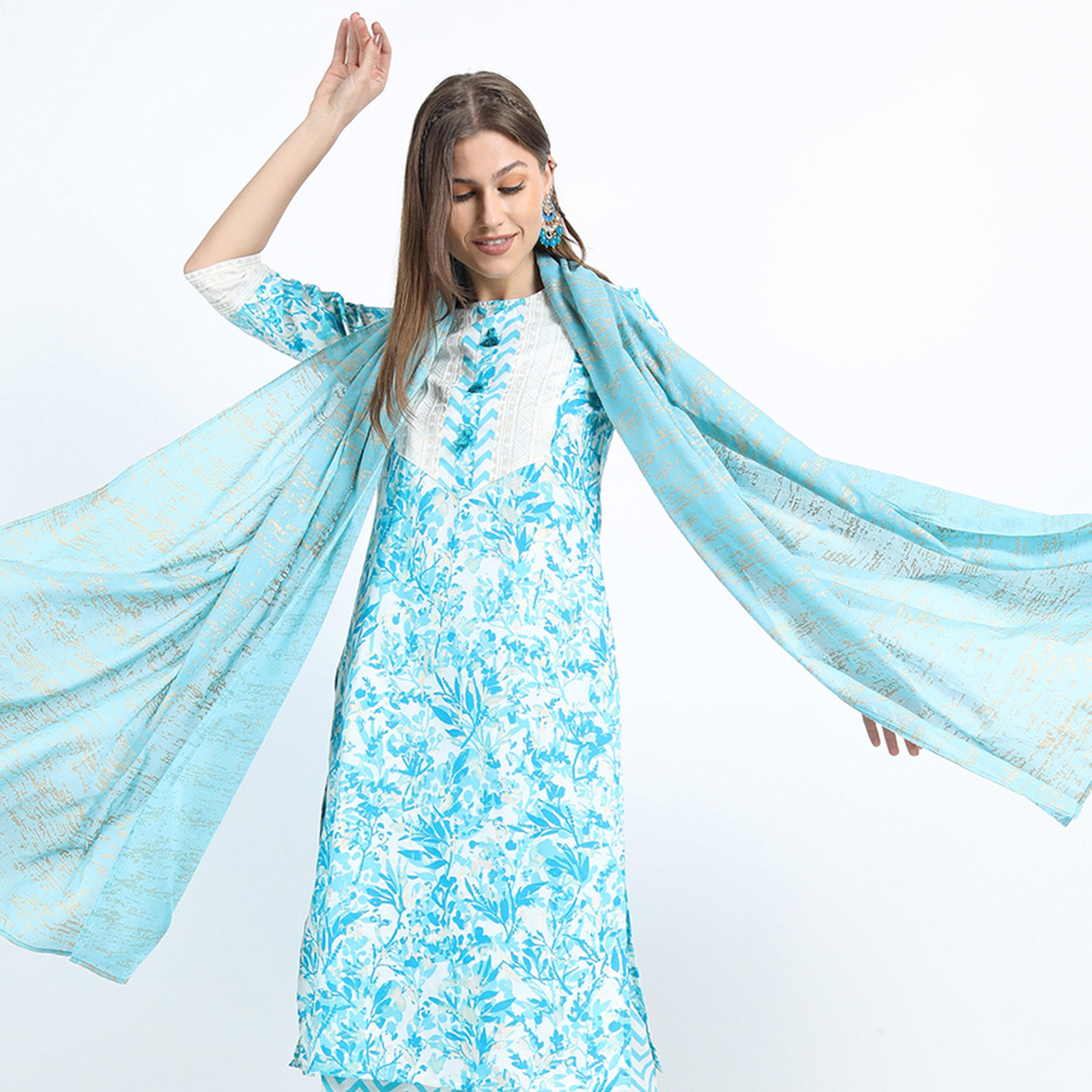 Vishudh X Styli Women Turquoise Blue Printed Kurta with Palazzo & Dupatta-women-clothing-ethnicwear-sareesets-image-1