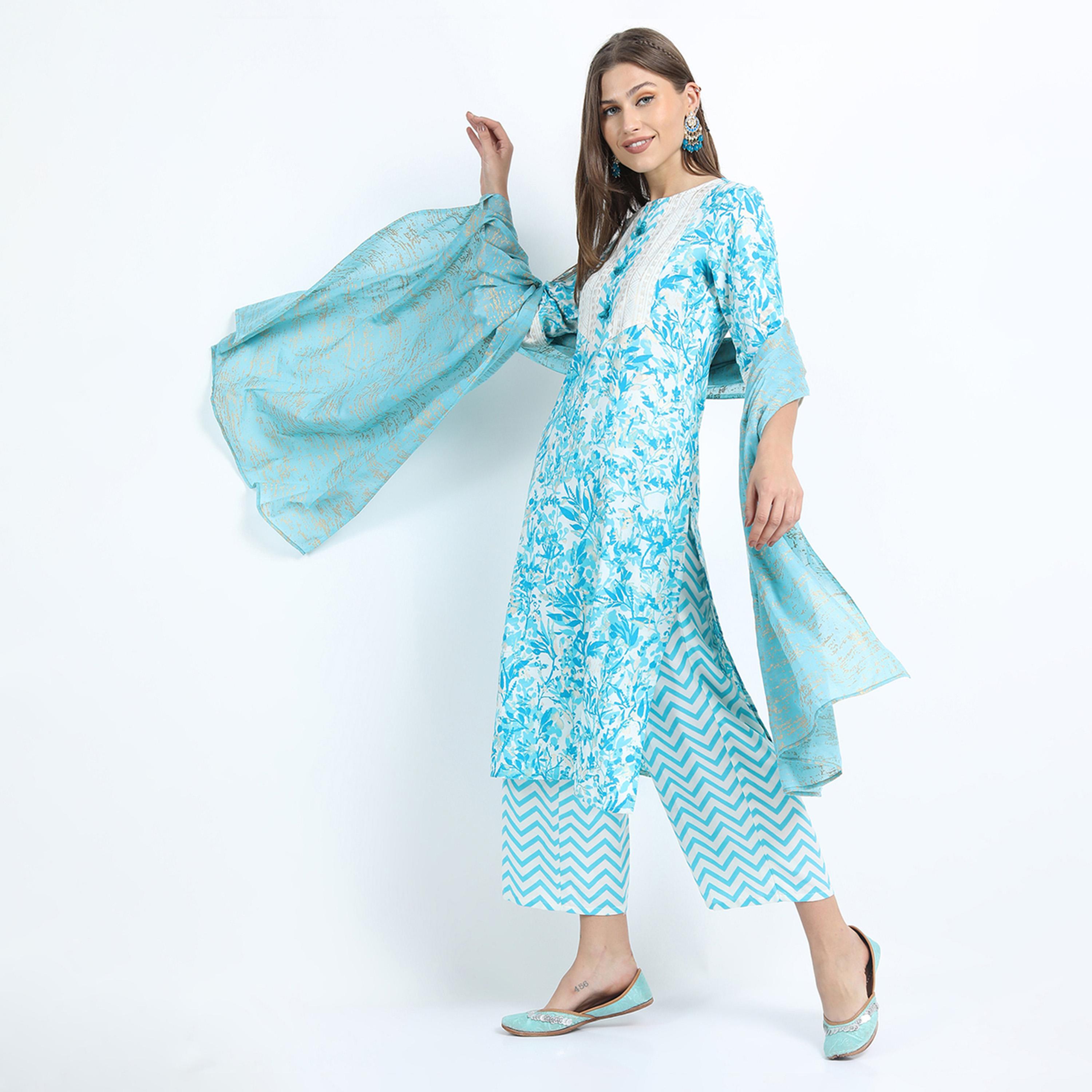 Vishudh X Styli Women Turquoise Blue Printed Kurta with Palazzo & Dupatta-women-clothing-ethnicwear-sareesets-image-3