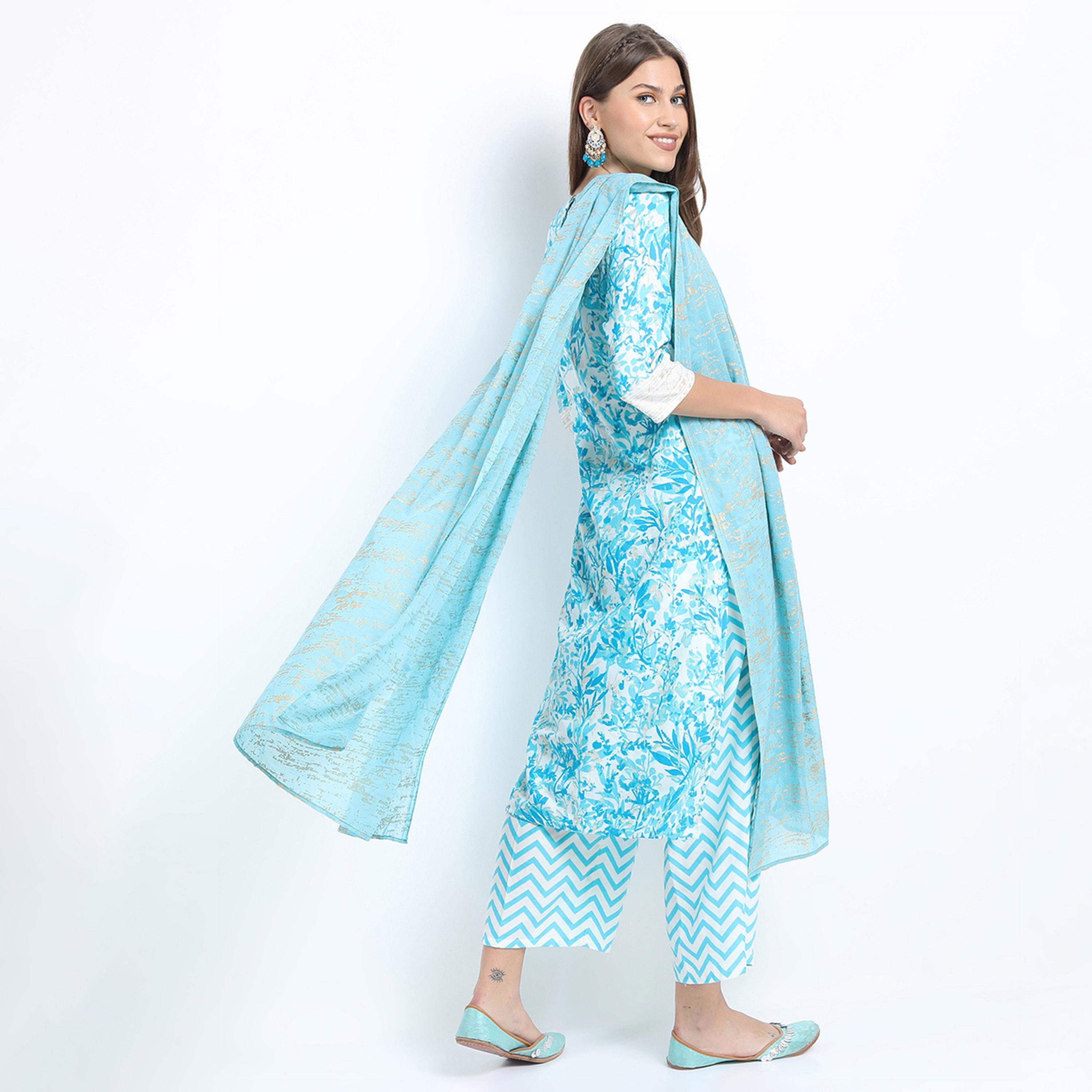 Vishudh X Styli Women Turquoise Blue Printed Kurta with Palazzo & Dupatta-women-clothing-ethnicwear-sareesets-image-4