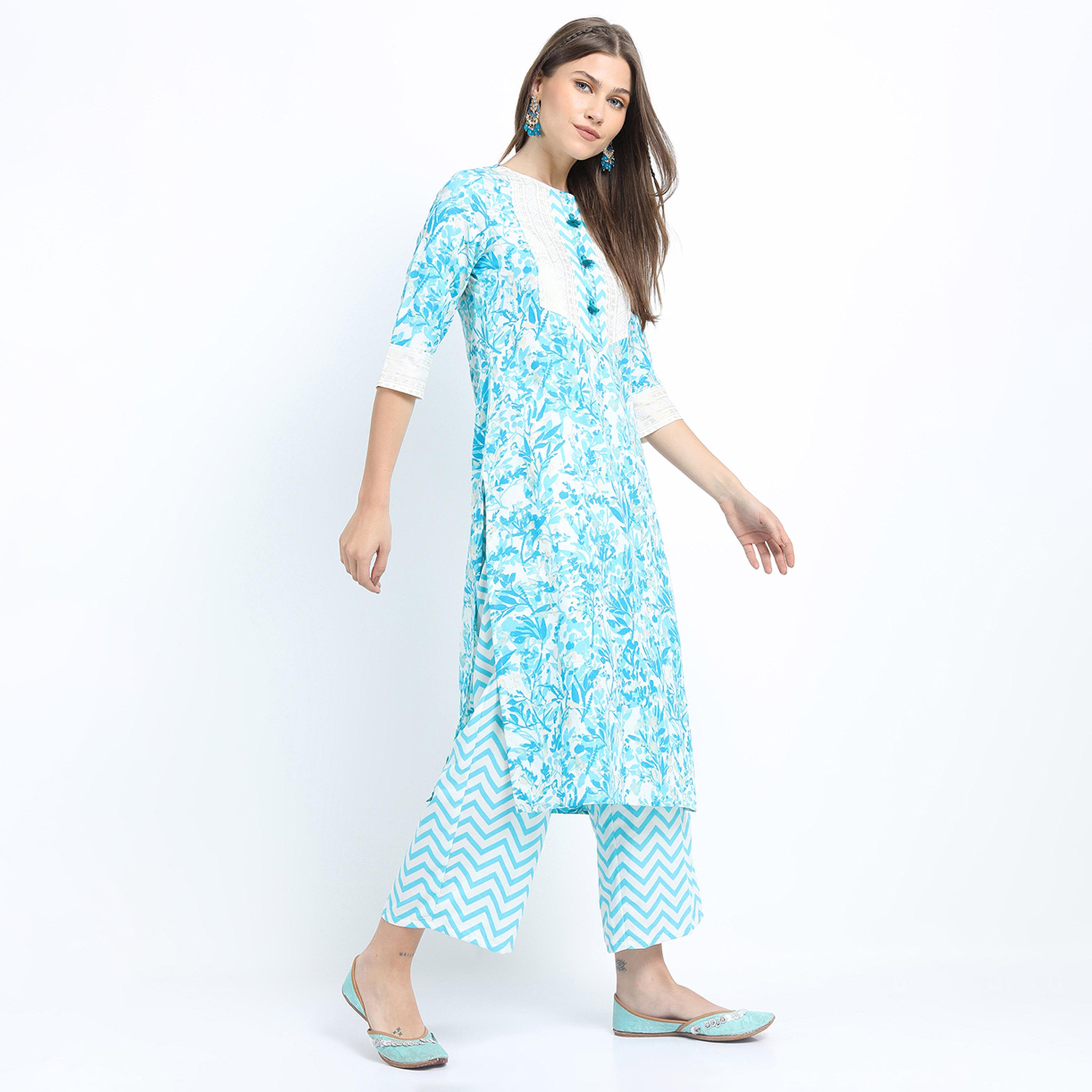 Vishudh X Styli Women Turquoise Blue Printed Kurta with Palazzo & Dupatta-women-clothing-ethnicwear-sareesets-image-6