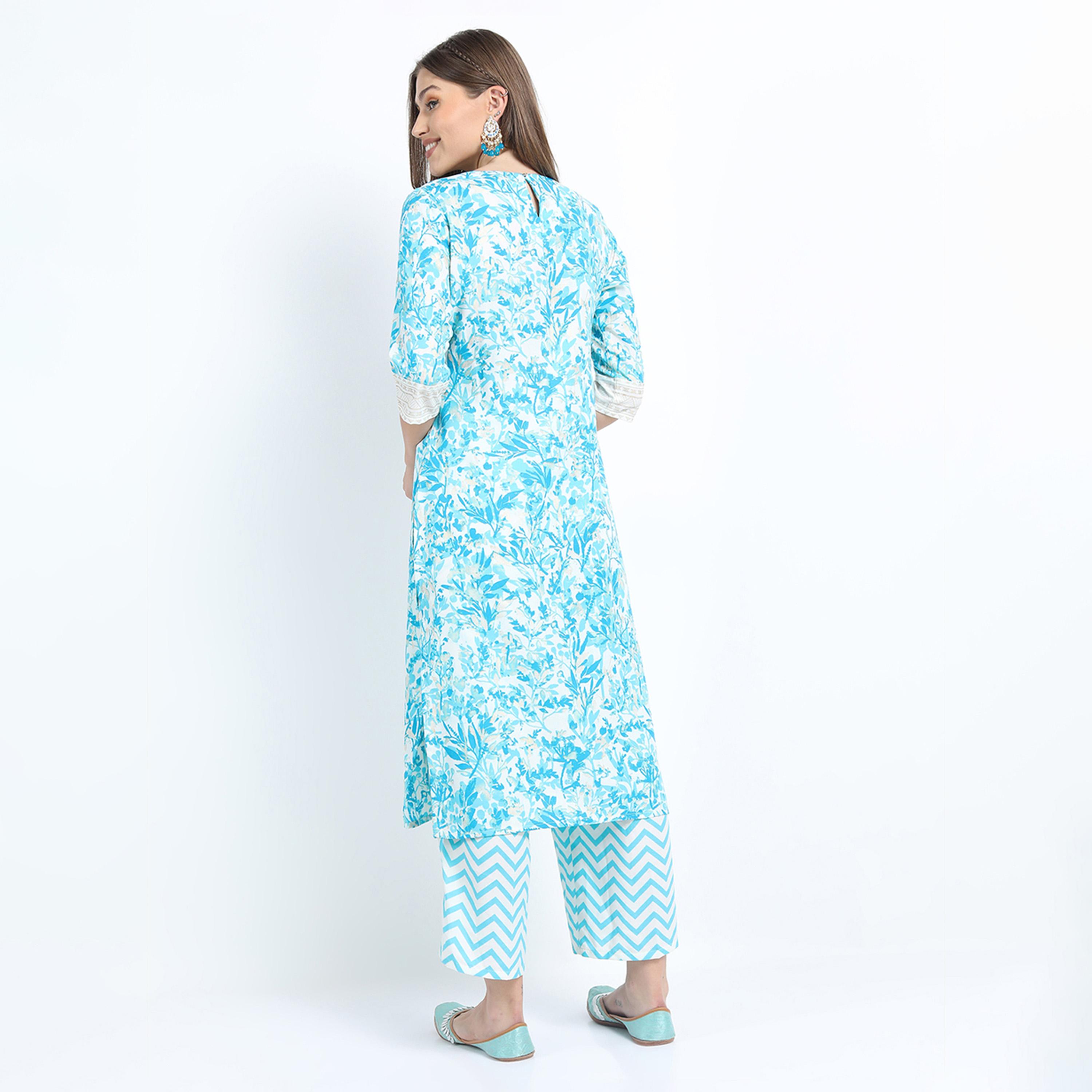 Vishudh X Styli Women Turquoise Blue Printed Kurta with Palazzo & Dupatta-women-clothing-ethnicwear-sareesets-image-7