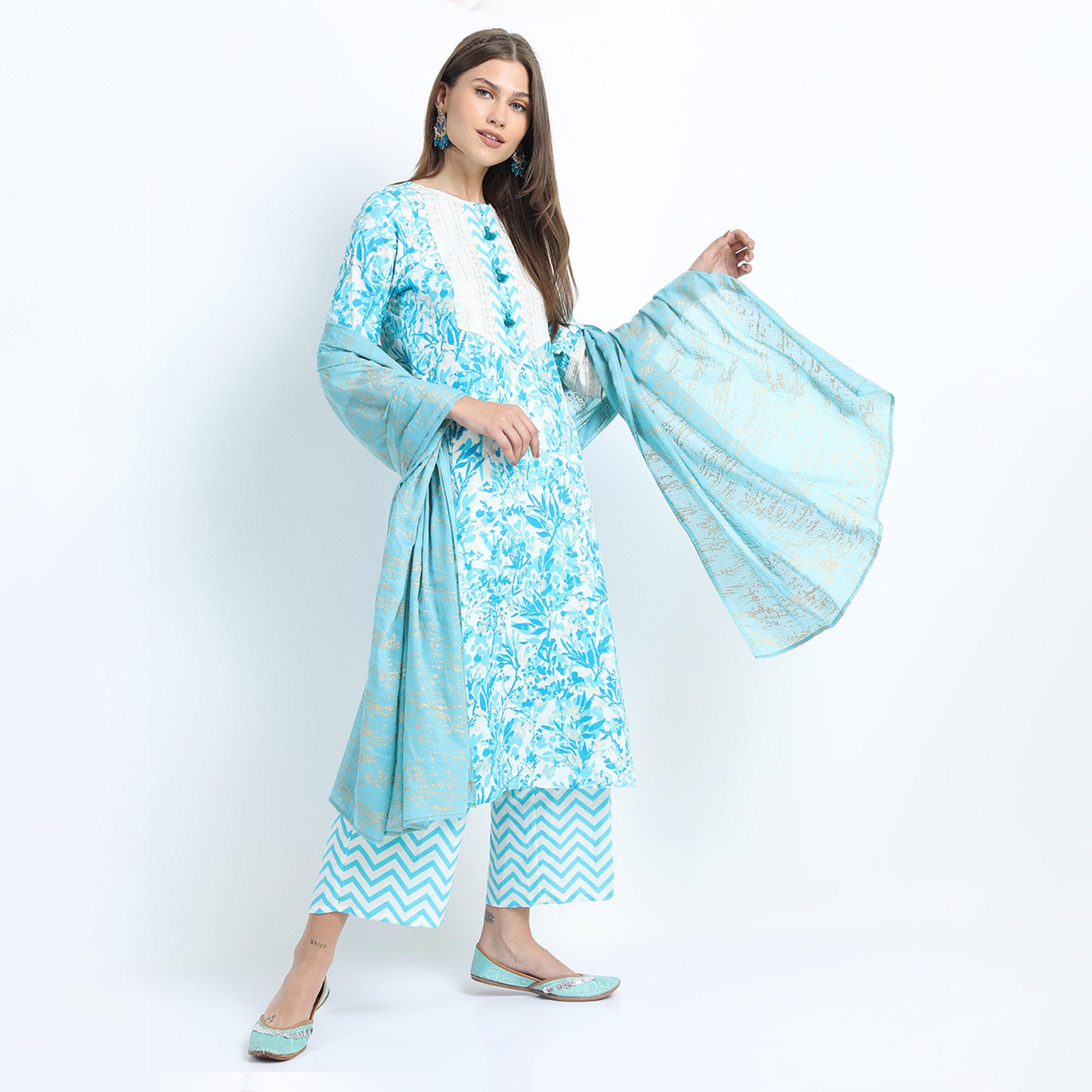 Vishudh X Styli Women Turquoise Blue Printed Kurta with Palazzo & Dupatta-women-clothing-ethnicwear-sareesets-image-8