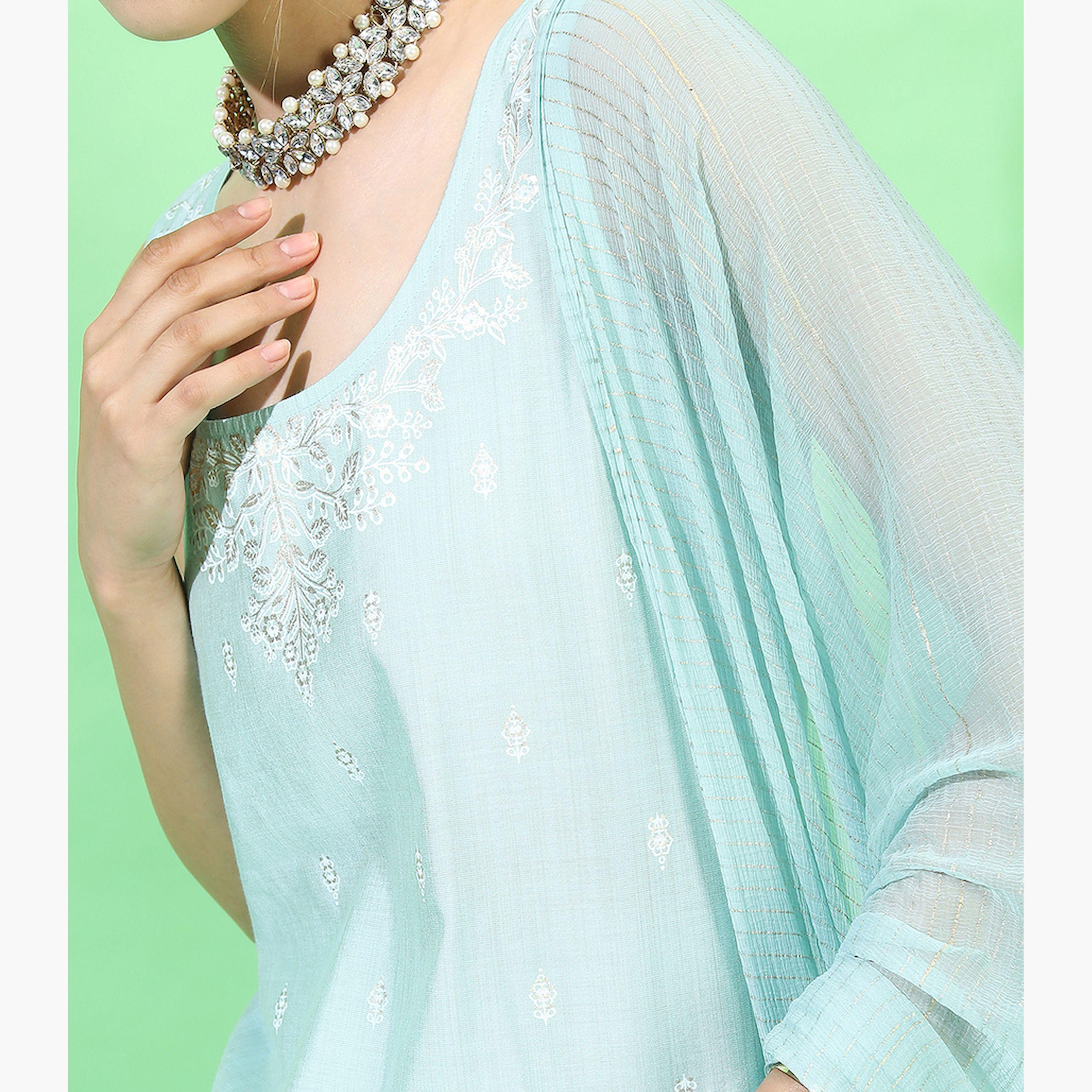Vishudh X Styli Women Blue Ethnic Motifs Embroidered Kurti with Sharara & With Dupatta-women-clothing-ethnicwear-sareesets-image-4