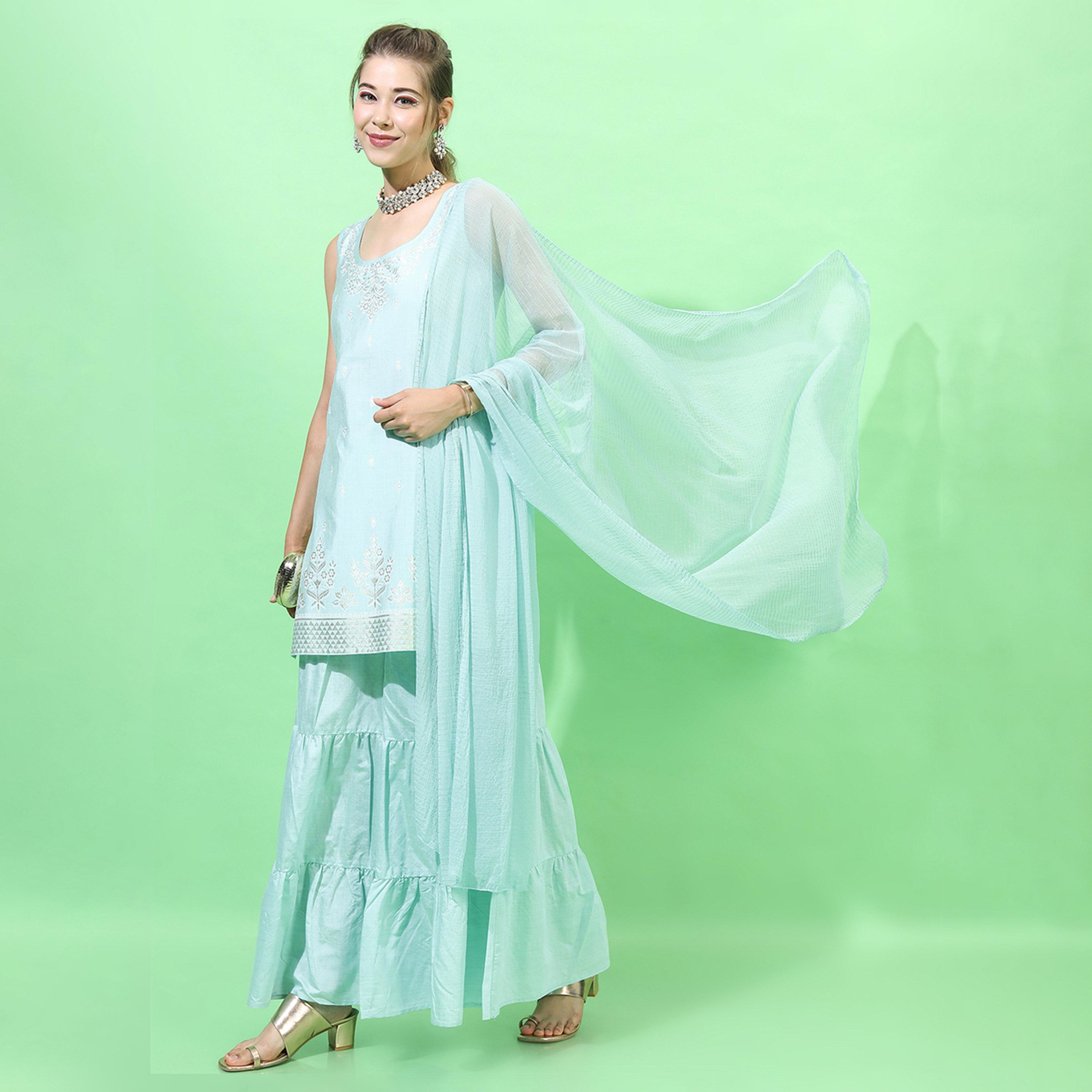 Vishudh X Styli Women Blue Ethnic Motifs Embroidered Kurti with Sharara & With Dupatta-women-clothing-ethnicwear-sareesets-image-5