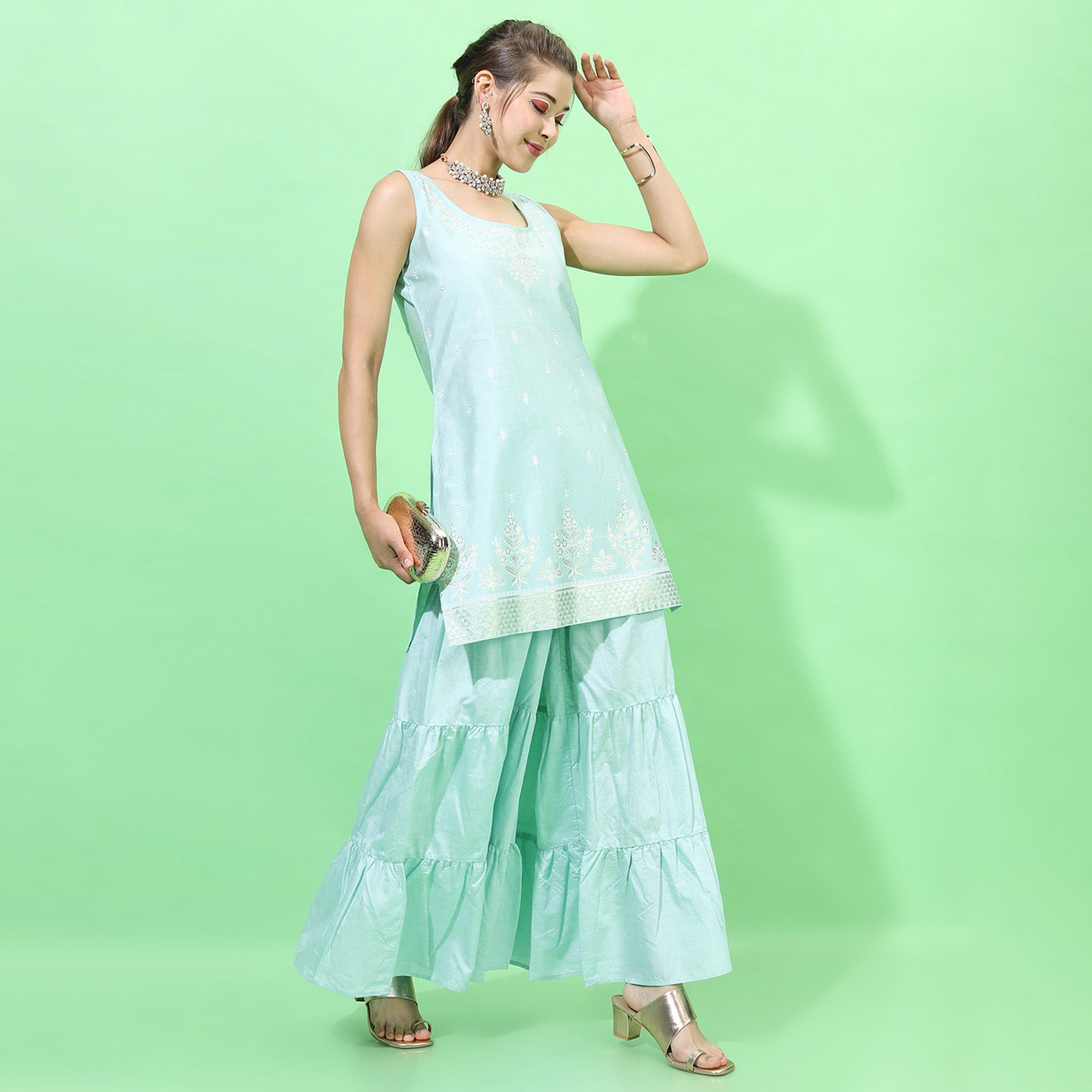 Vishudh X Styli Women Blue Ethnic Motifs Embroidered Kurti with Sharara & With Dupatta-women-clothing-ethnicwear-sareesets-image-6
