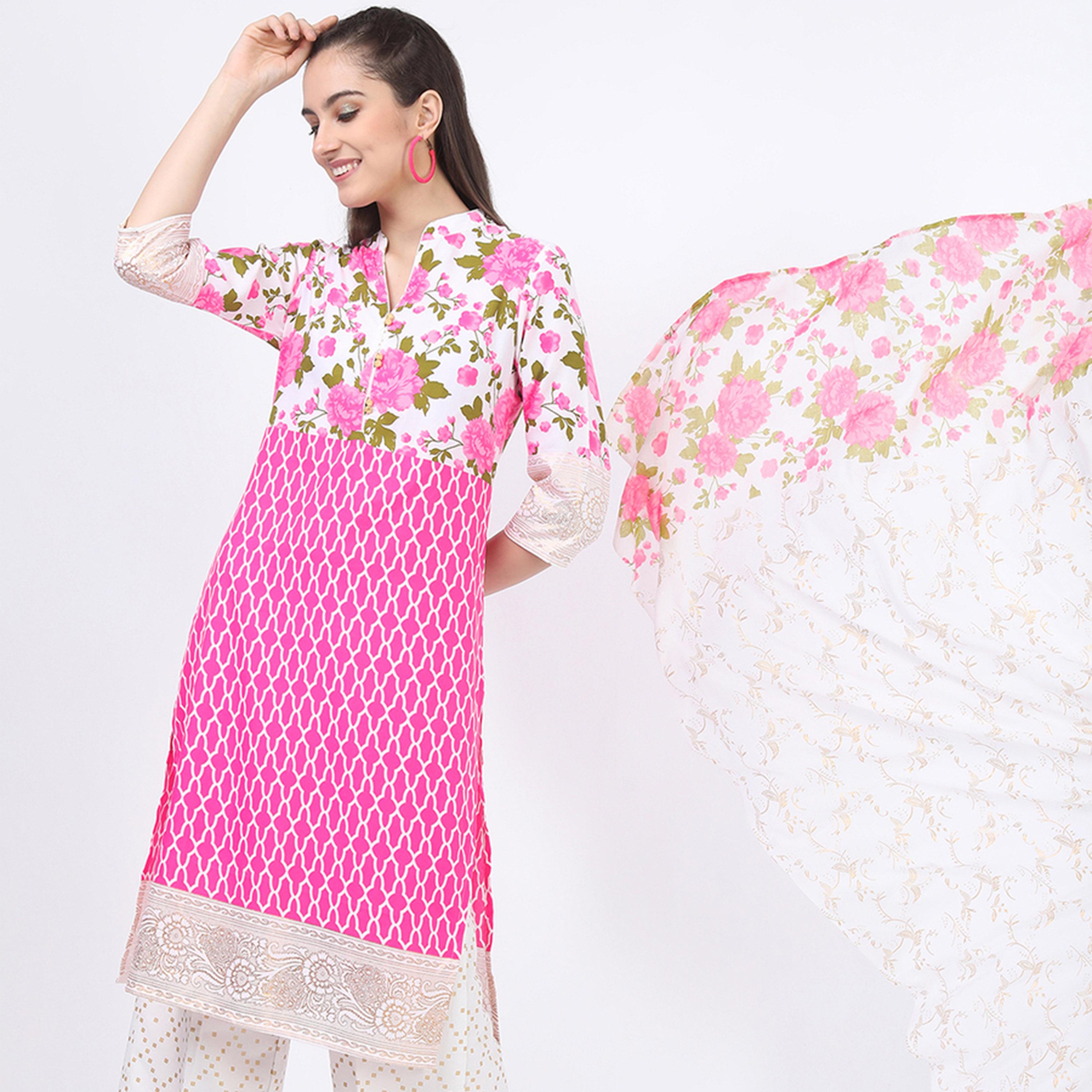 Vishudh X Styli Women Pink Floral Printed Kurta with Palazzos & dupatta-women-clothing-ethnicwear-sareesets-image-1